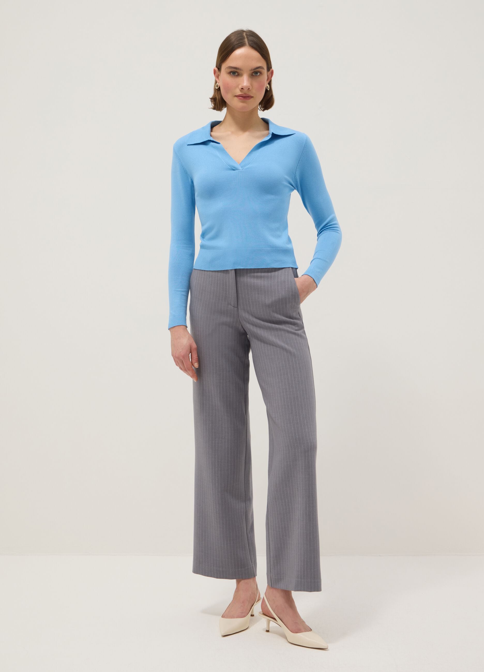 Regular fit blue viscose jumper with polo neck