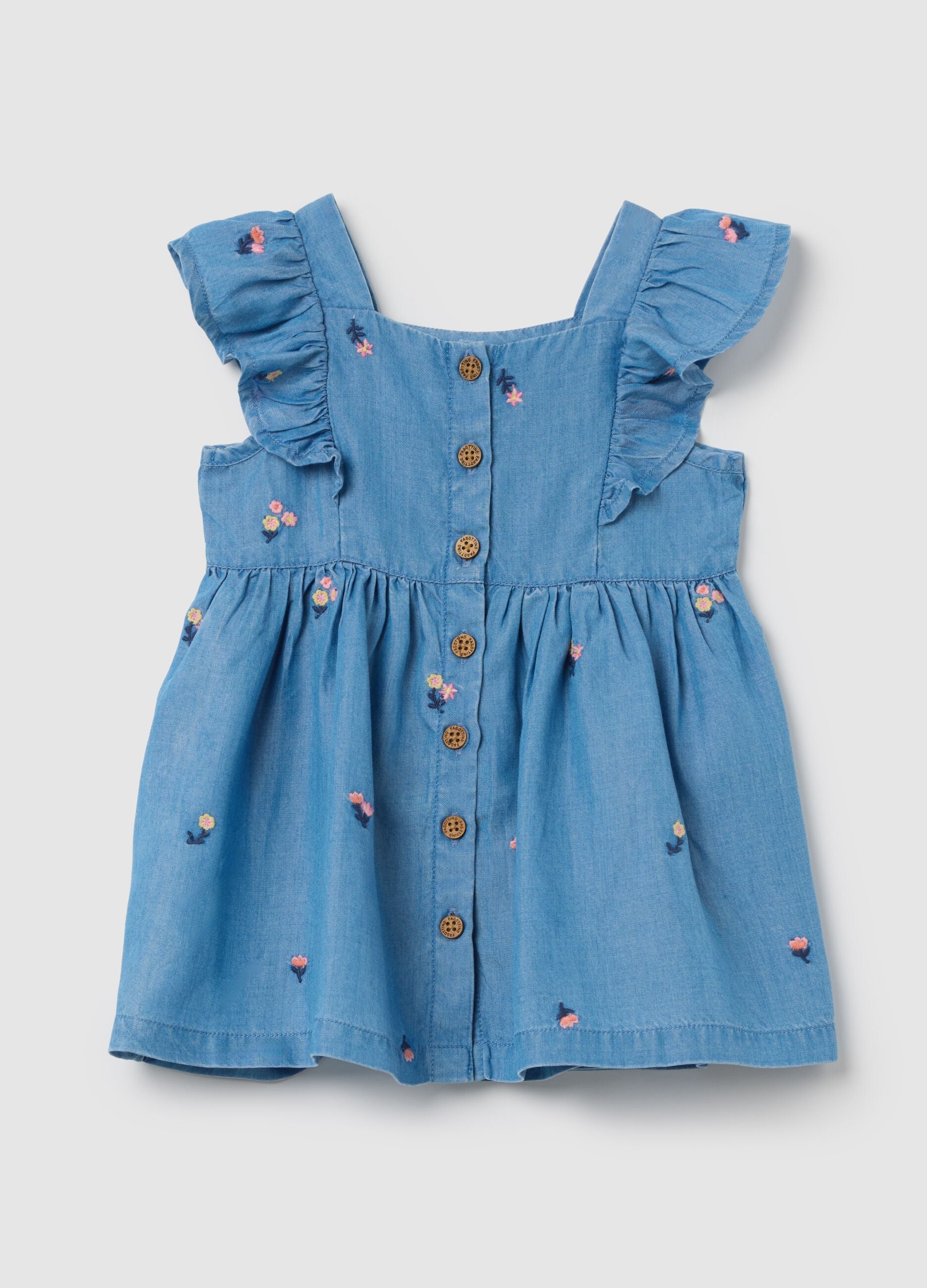 Baby girls&rsquo; denim dress in 100% Lyocell with regular fit and embroidery