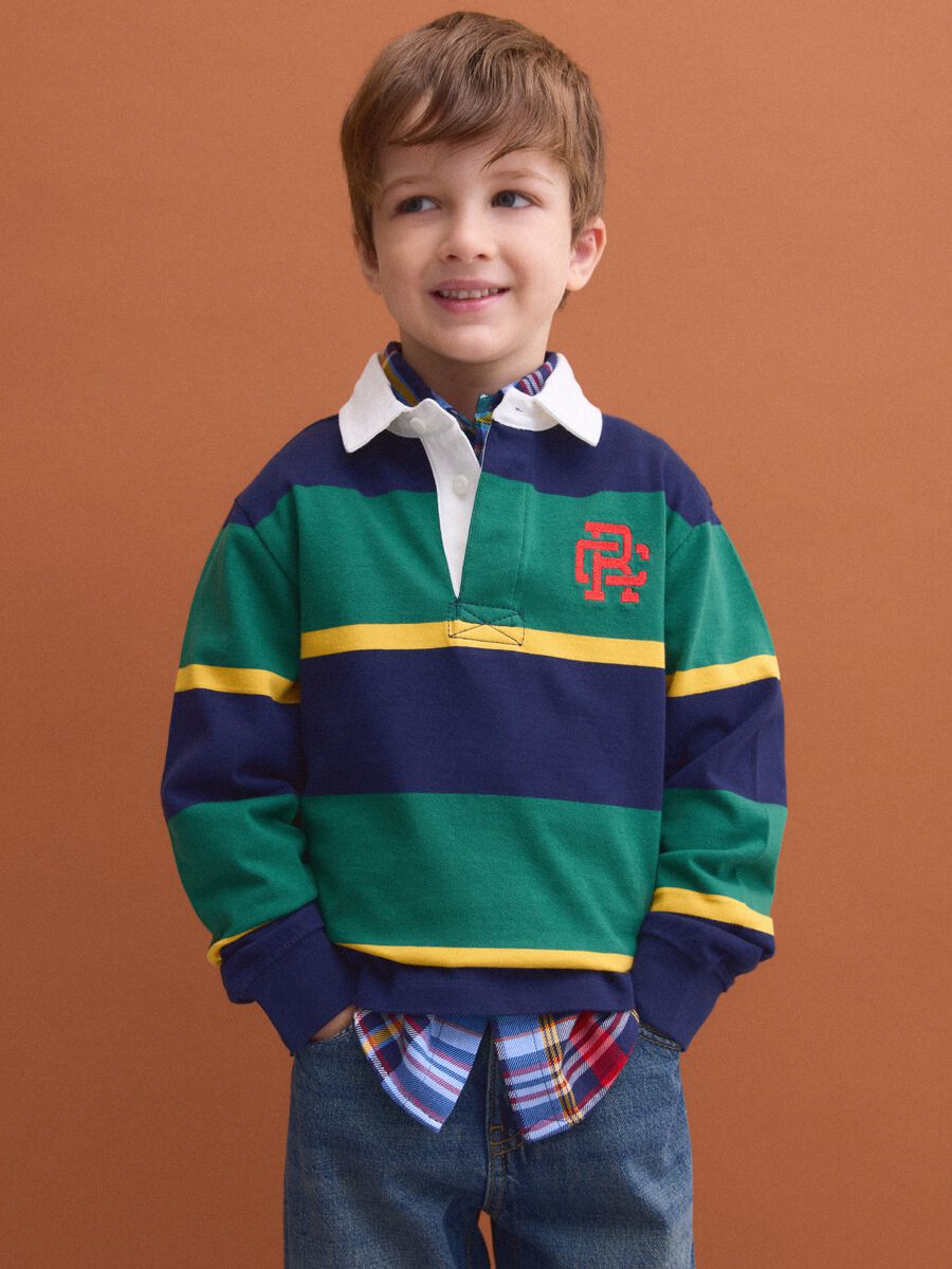 Boys&rsquo; multicolour pure cotton striped rugby polo with classic collar_0