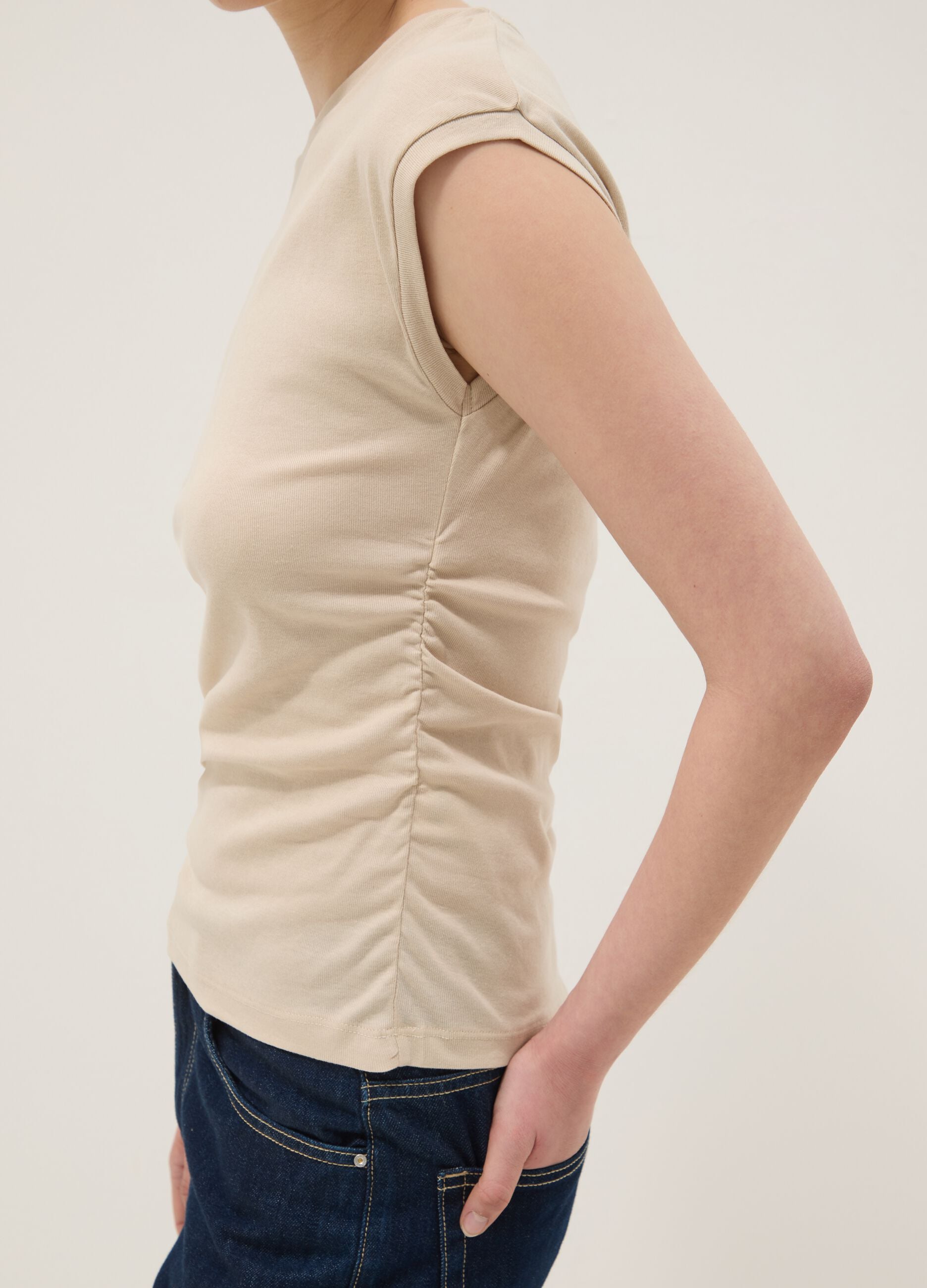 Beige pure cotton tank top with side ruching, regular fit