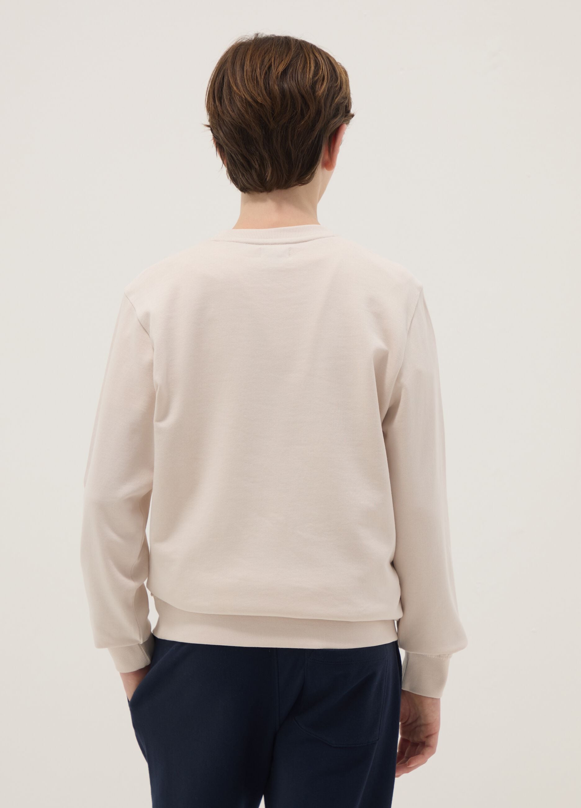 Beige crew-neck sweatshirt for boys in pure cotton regular fit with print