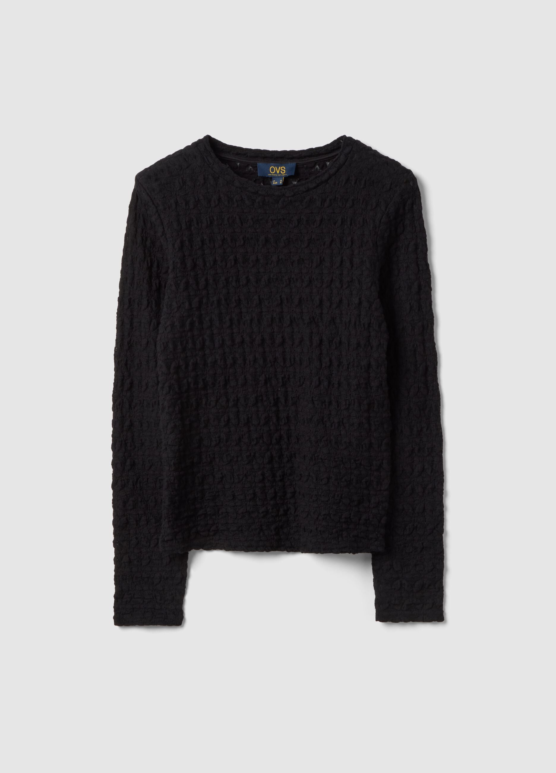 Black regular-fit cotton and viscose blend sweater with knitted texture