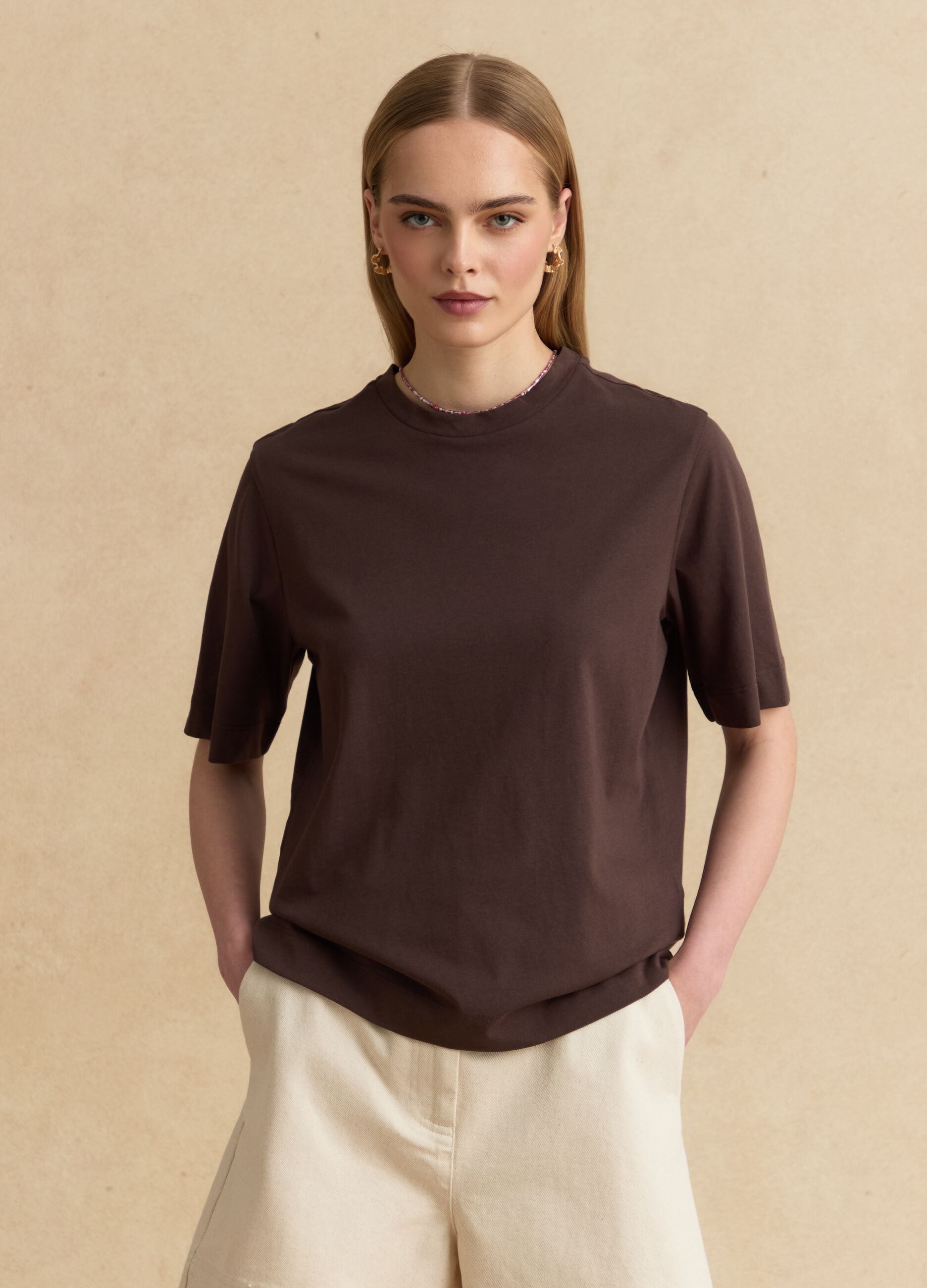 Brown pure cotton short-sleeve T-shirt
