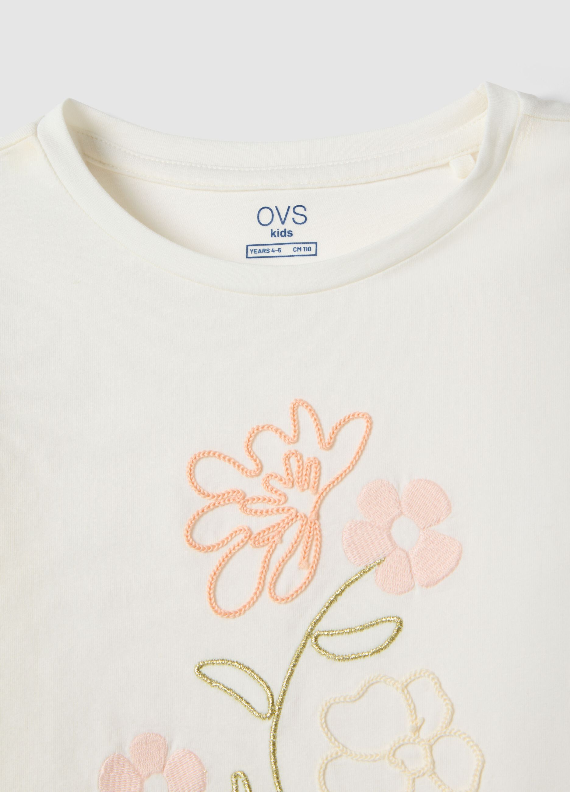 Girl's white stretch cotton T-shirt with floral embroidery
