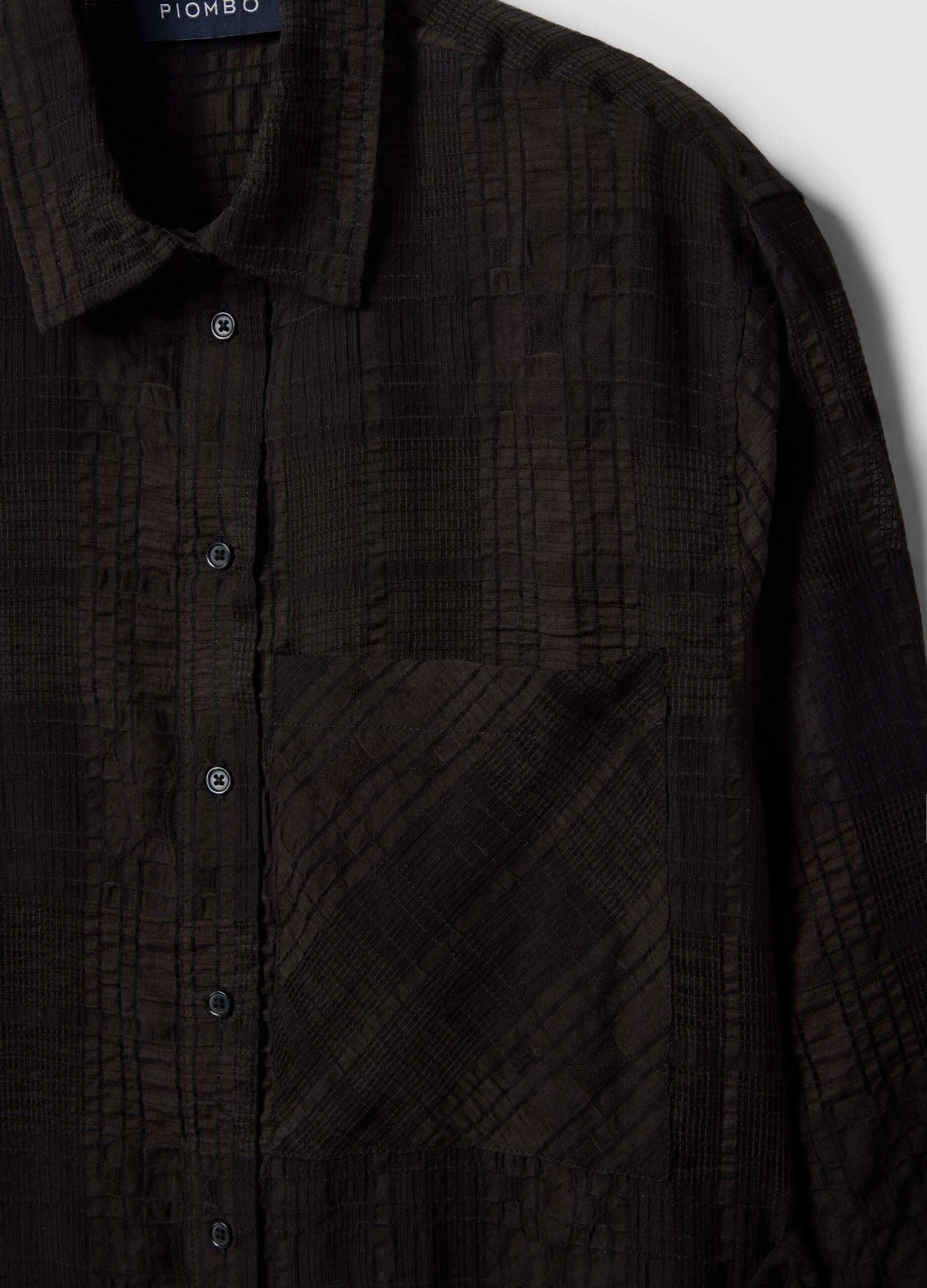 Black viscose blend oversized fit check semi-transparent shirt