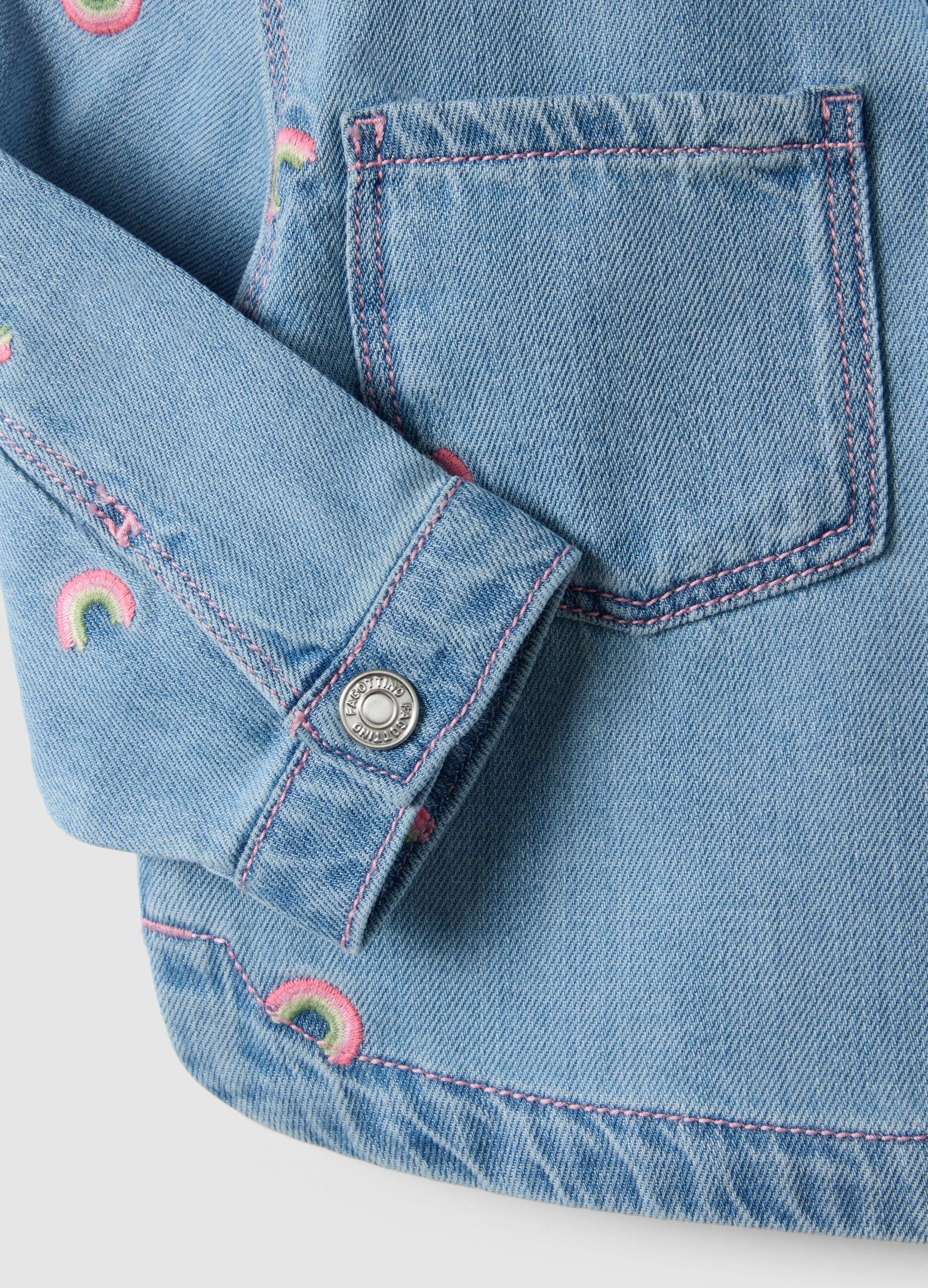 Girls' light blue denim blend shirt with rainbow embroidery