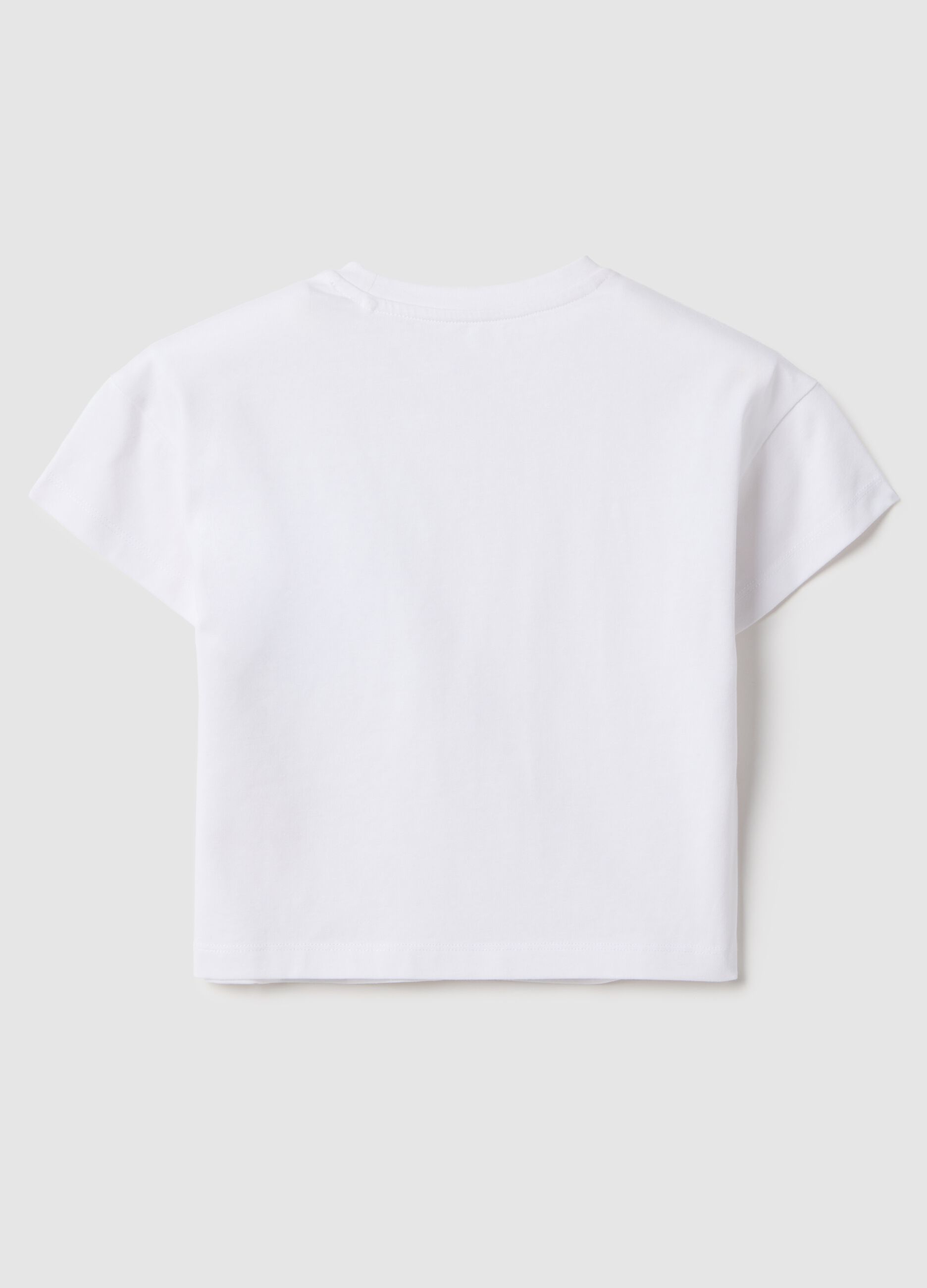 Girls' white stretch cotton T-shirt with regular fit and rhinestones