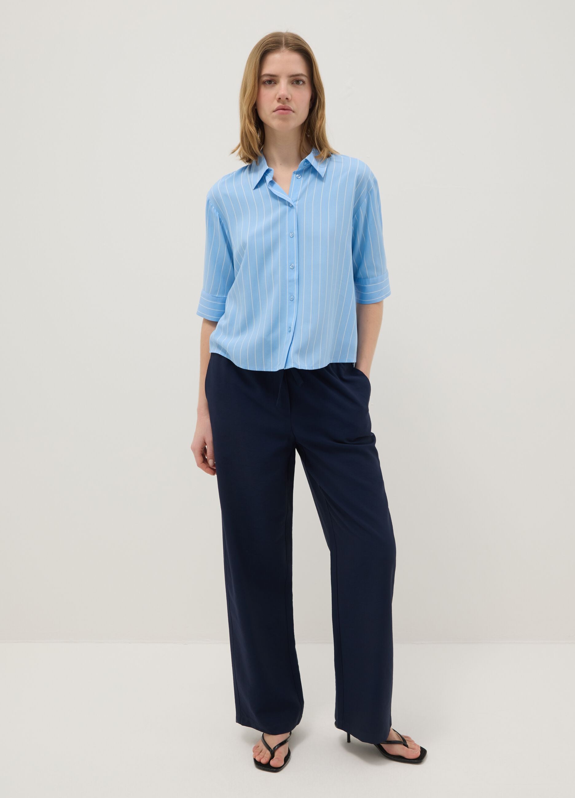 Pure viscose light blue striped regular fit shirt