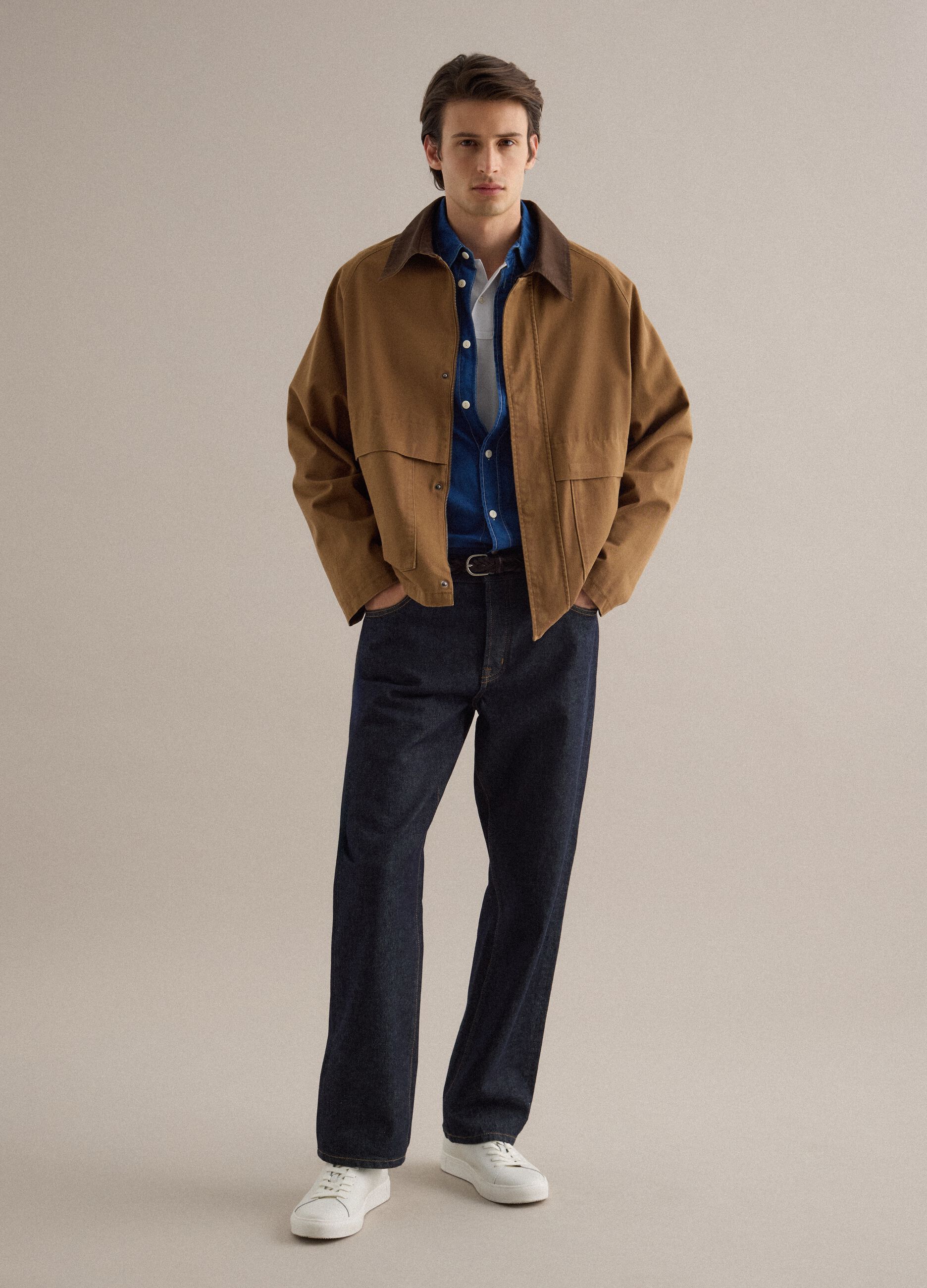 Brown pure cotton regular fit jacket with contrast collar