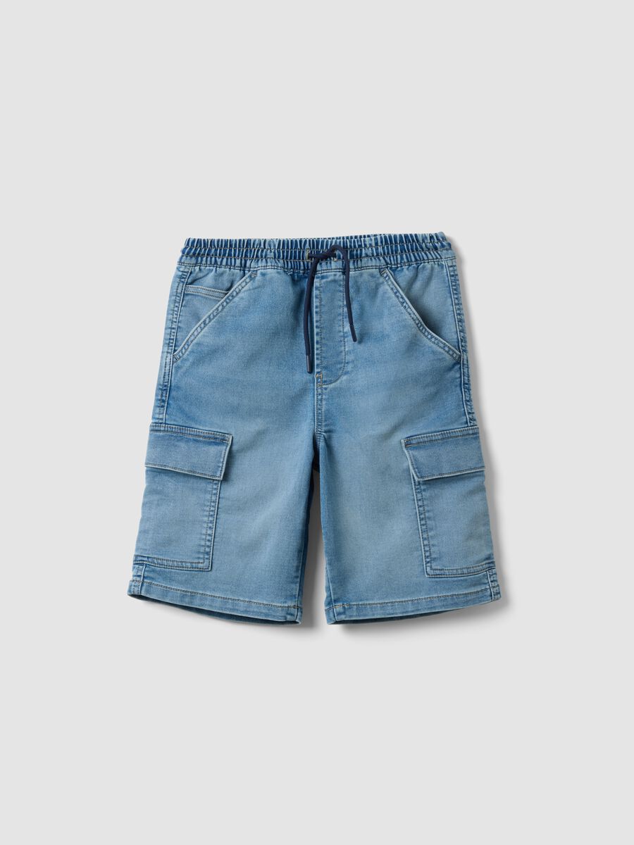 Shorts cargo azzurri in denim di cotone elasticizzato_3
