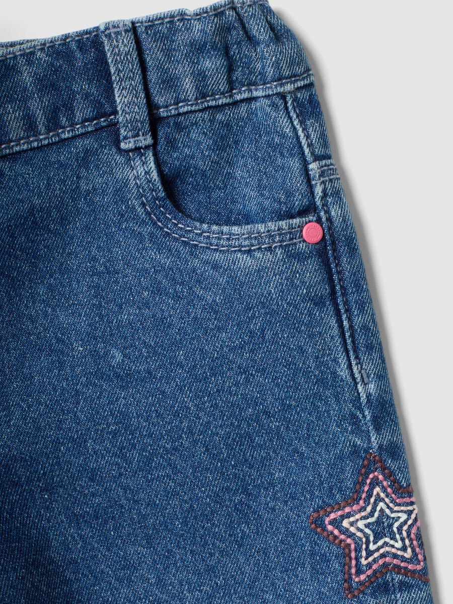 Blue wide-leg pure cotton jeans with embroidered stars for baby girl_3