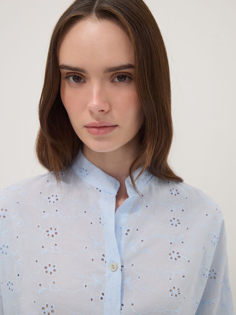 Light Blue Broderie Cotton Shirt with Mandarin Collar, Regular Fit_2