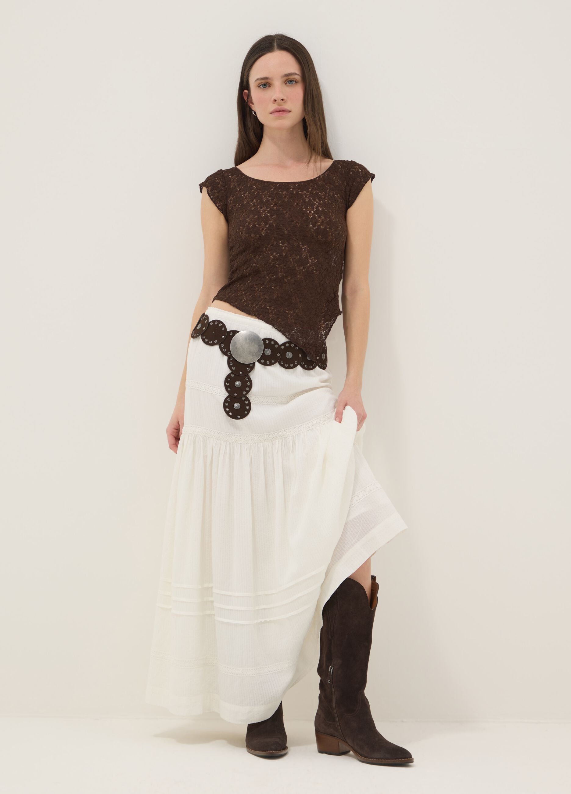 Long white mixed cotton skirt, regular fit with embroidery
