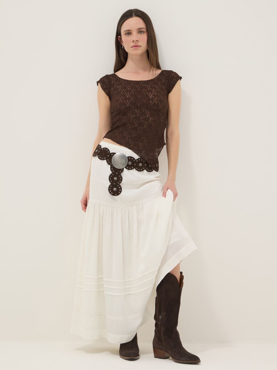 Long white mixed cotton skirt, regular fit with embroidery_0