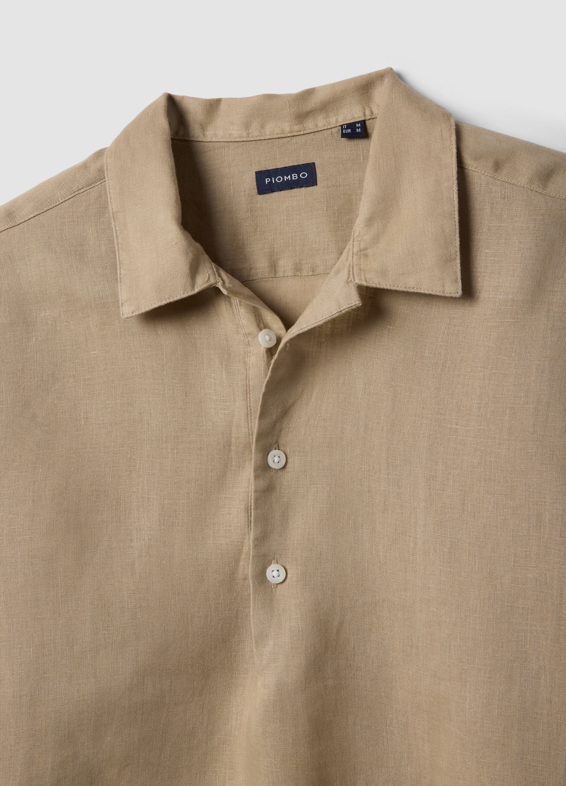 Beige pure linen regular fit shirt with bowling collar