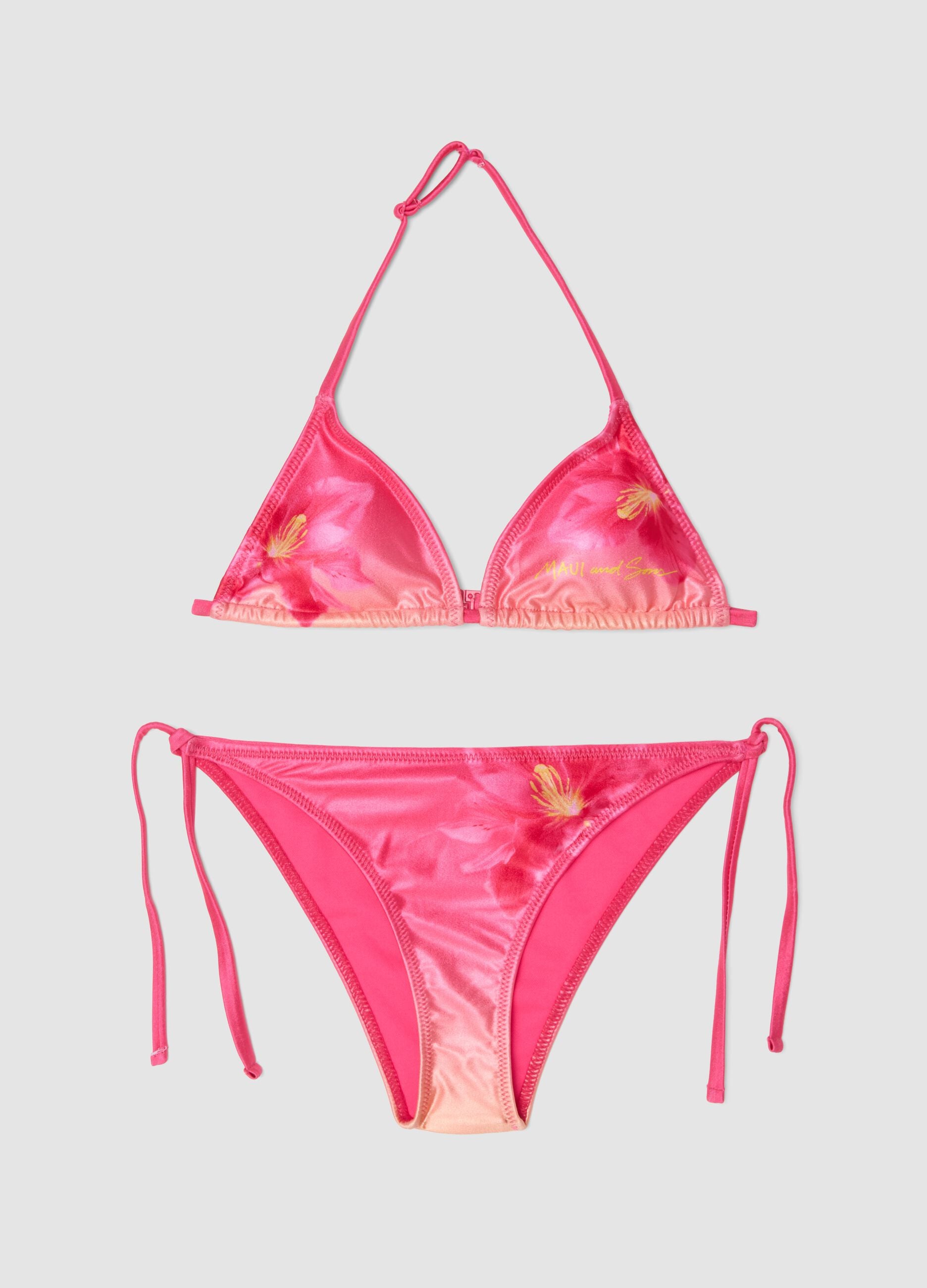 Girls&rsquo; pink floral triangle bikini in stretchy fabric