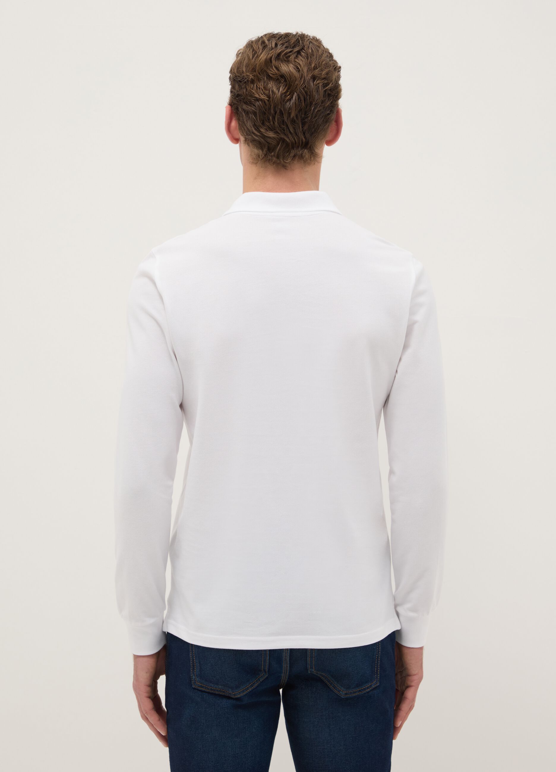 White long-sleeve cotton polo shirt, regular fit