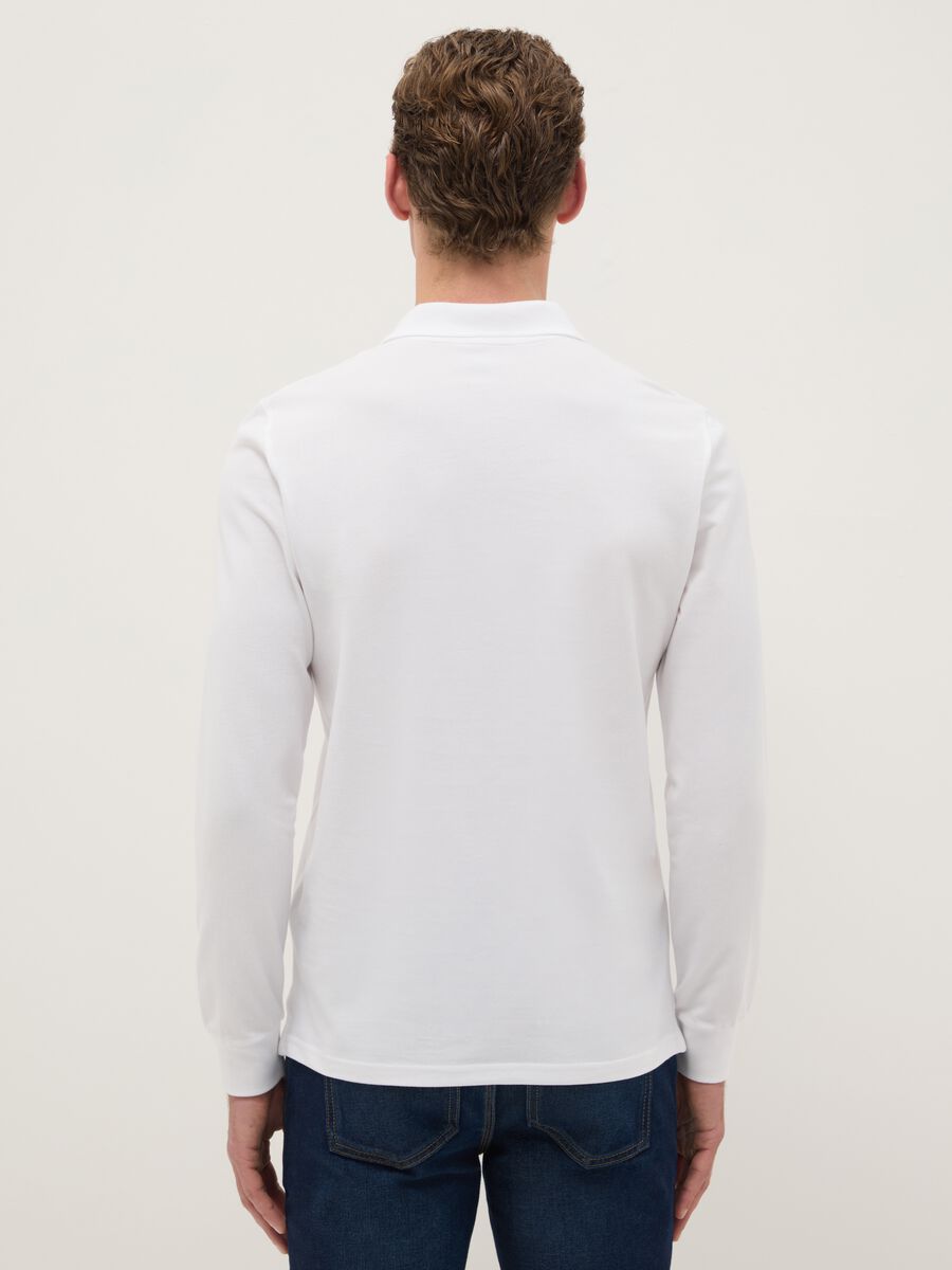 White long-sleeve cotton polo shirt, regular fit_2