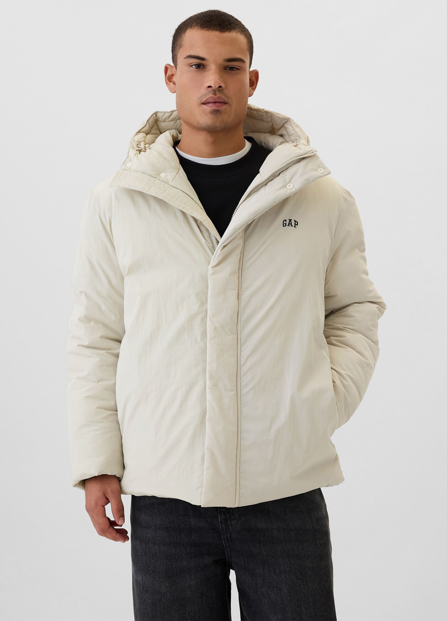 Down jacket with hood and logo embroidery