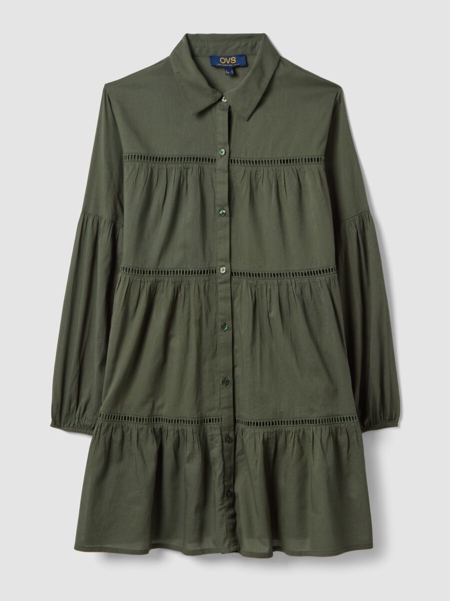 Green pure organic cotton kaftan with ruffles and broderie inserts_4