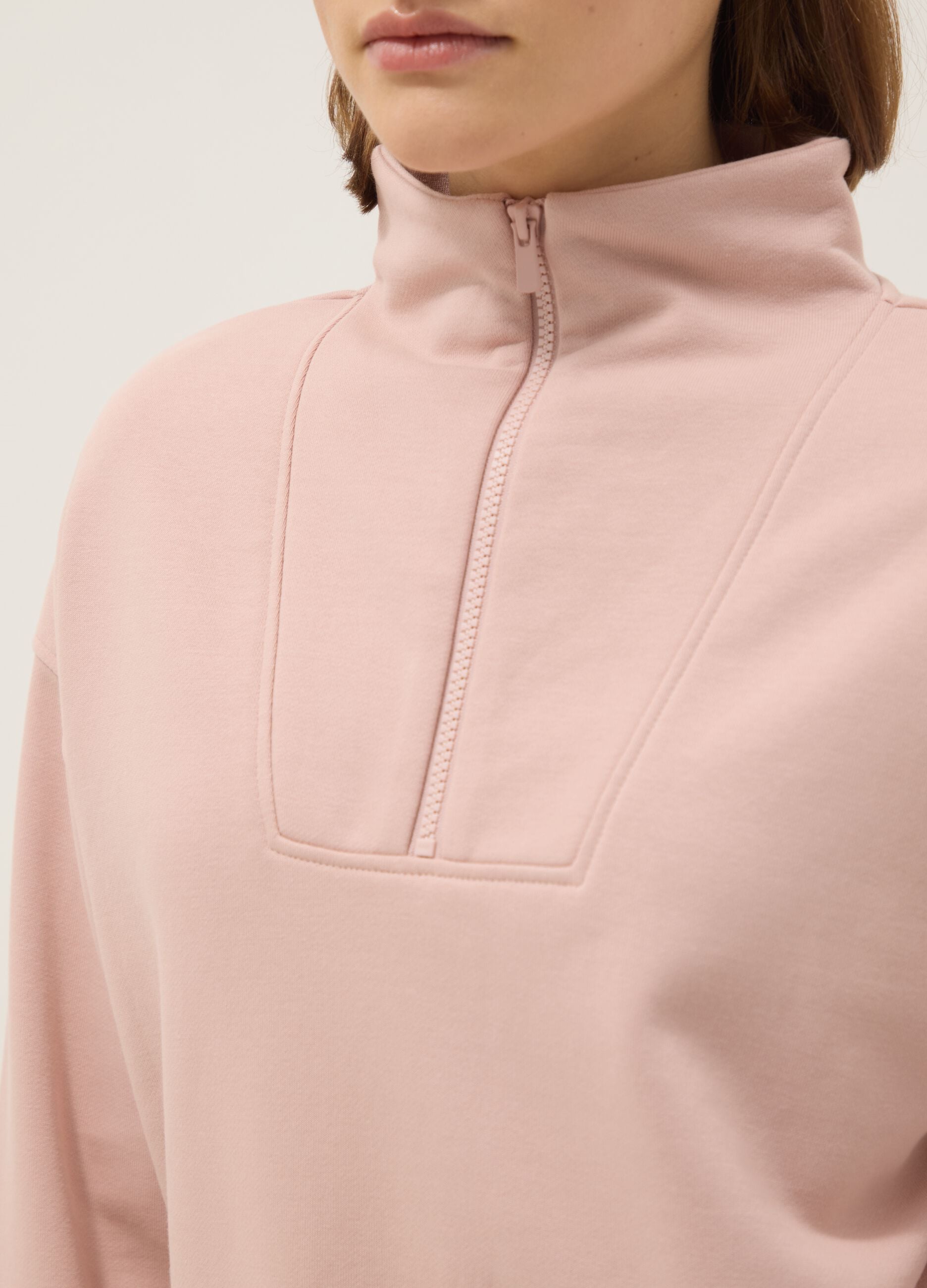 Regular fit pink cotton blend sweatshirt with half zip and high collar