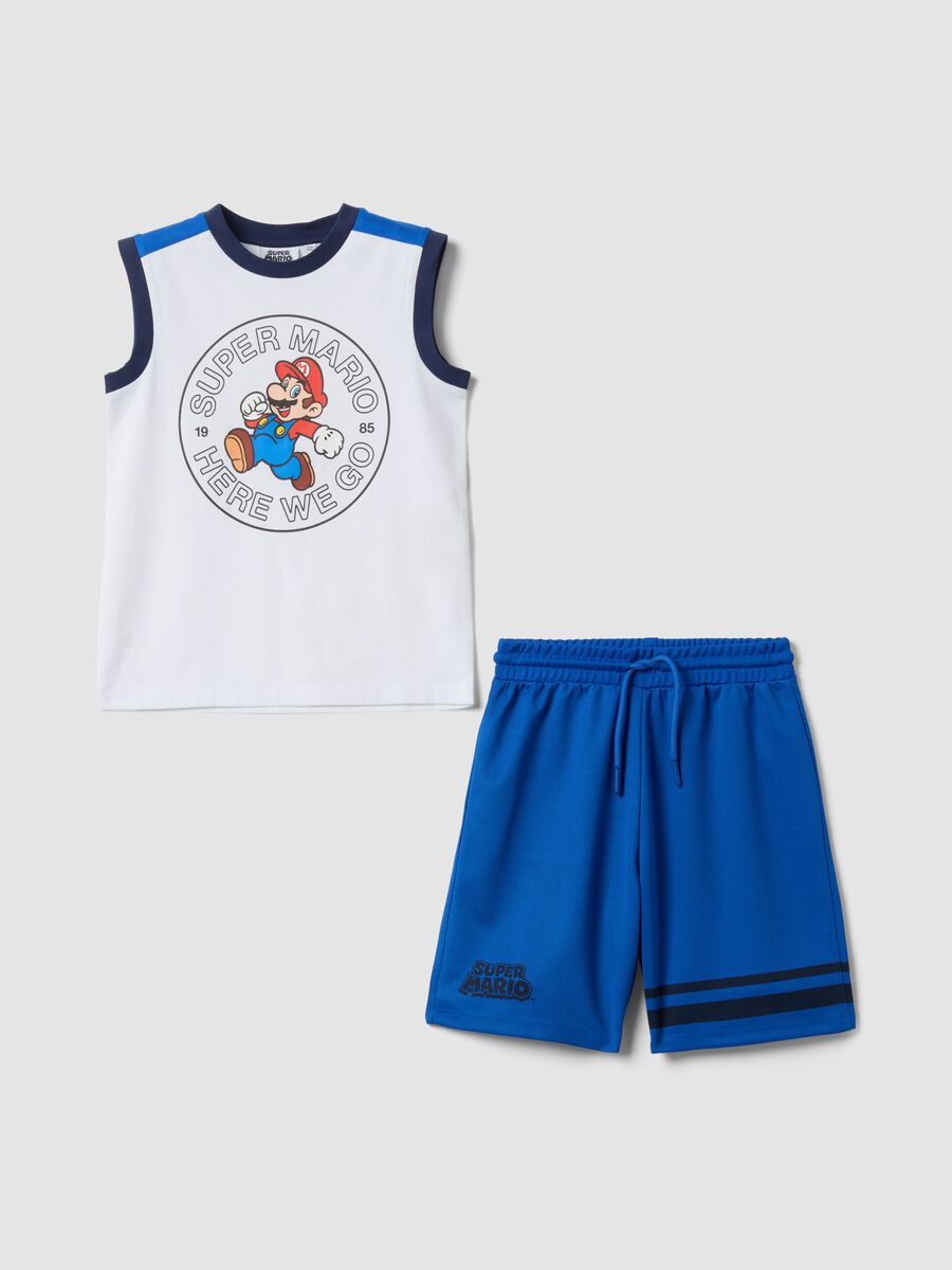 Blue and White Pure Cotton Set with Top and Shorts_0