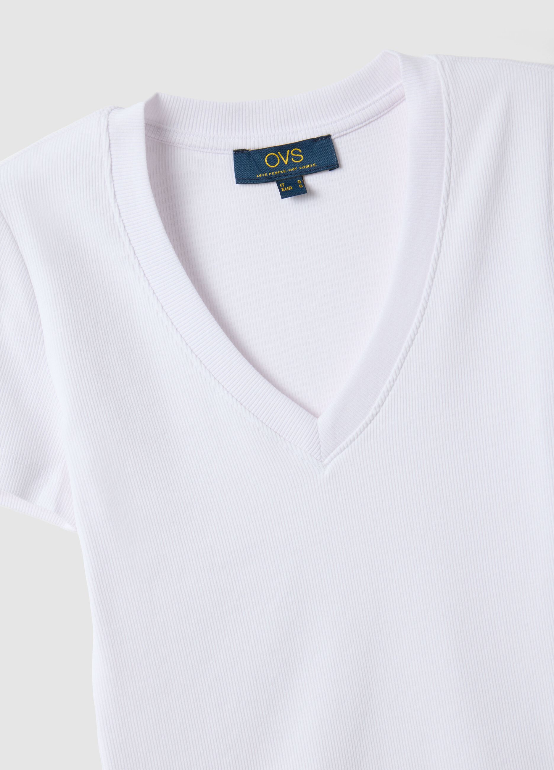 White regular fit deep V stretch cotton T-shirt