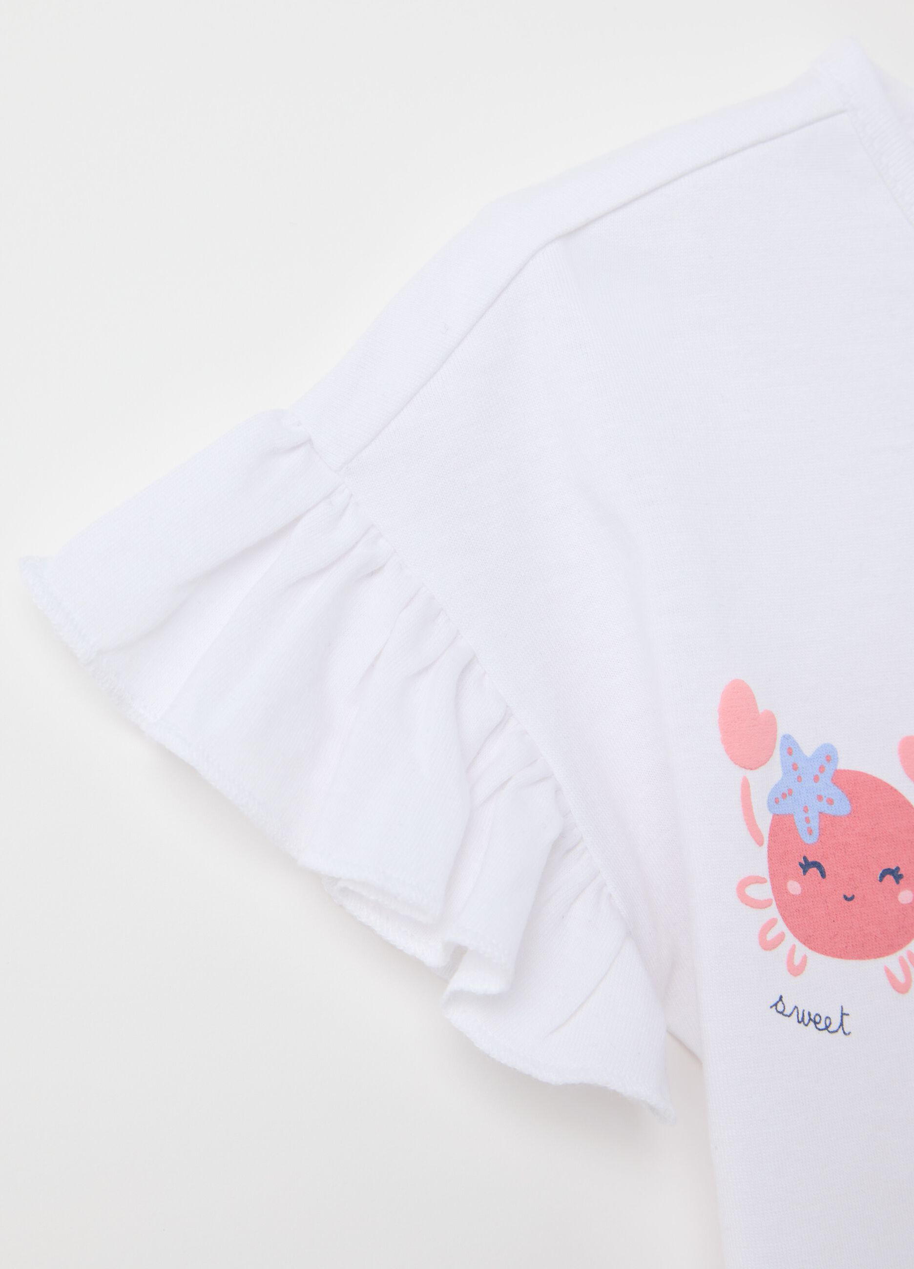 White T-shirt in cotton with print and flounce