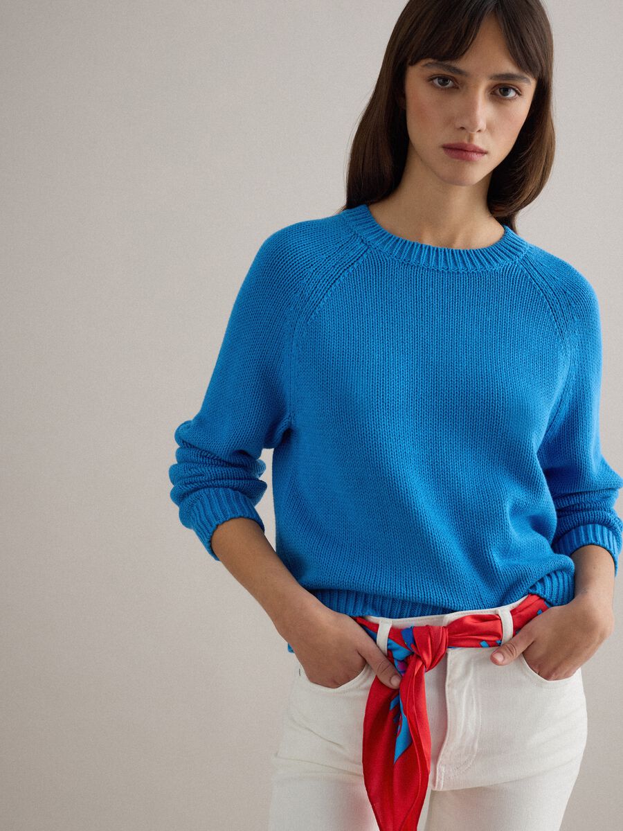 Blue crew neck jumper in pure cotton regular fit_1