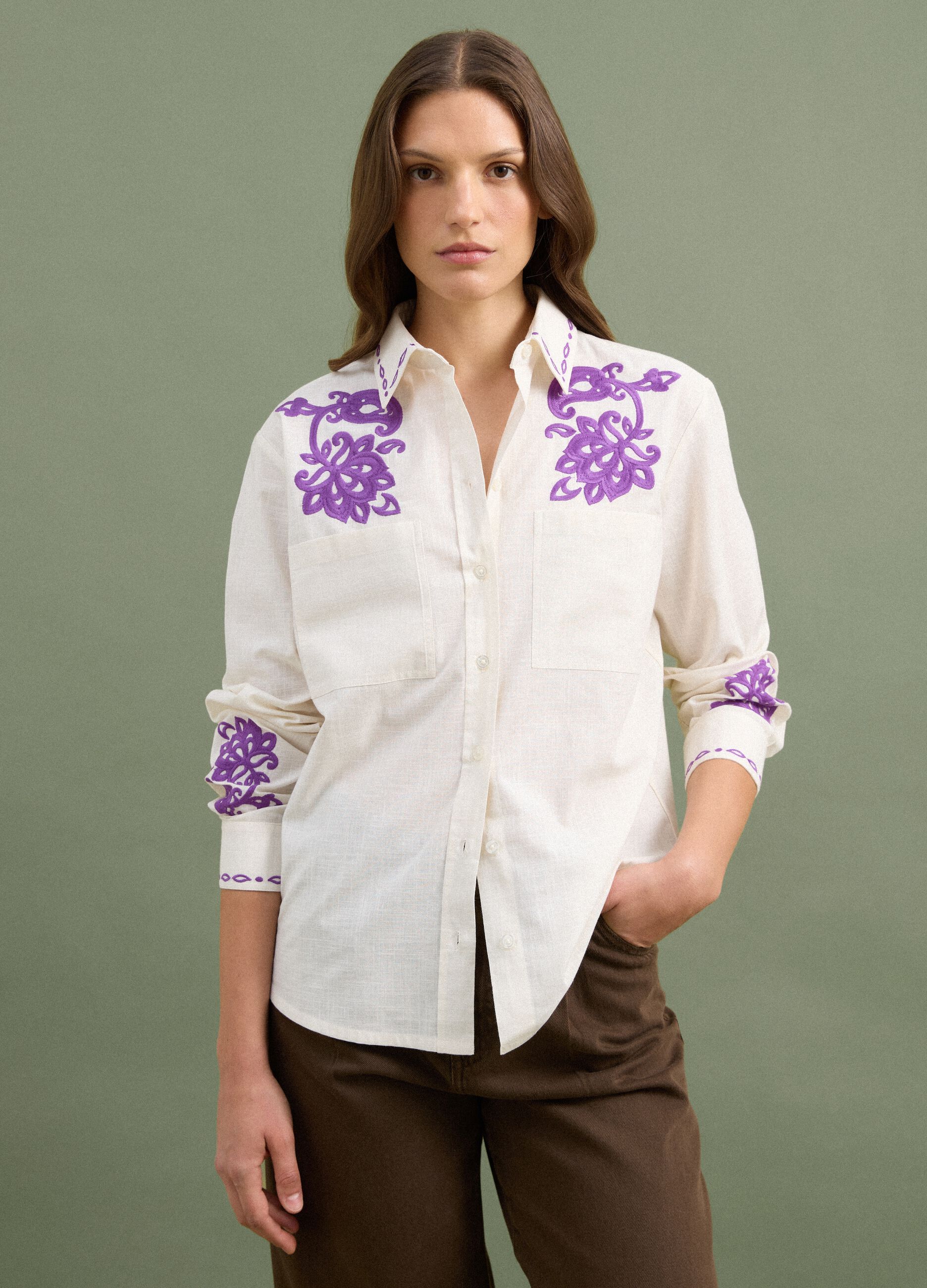 White pure cotton oversized shirt with purple embroidery