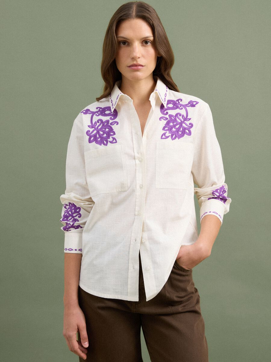 White pure cotton oversized shirt with purple embroidery_1