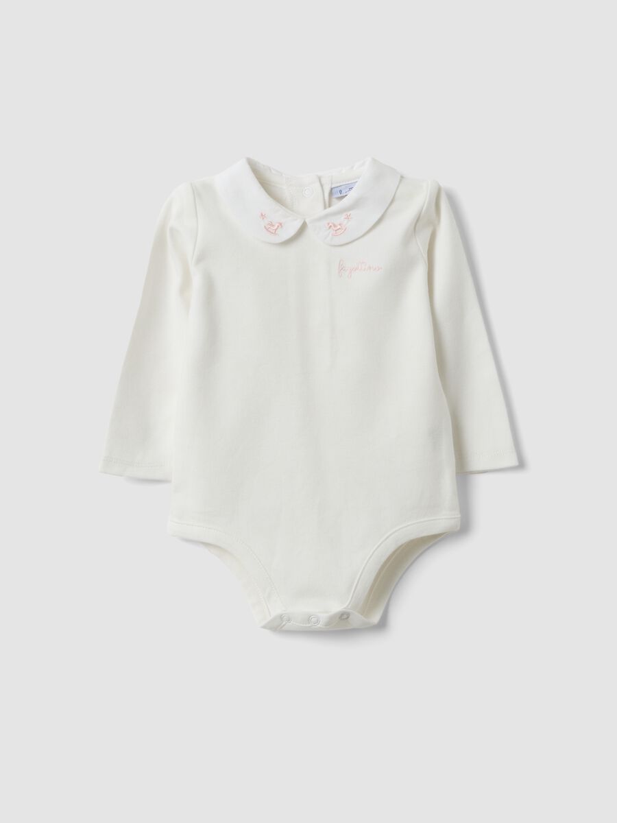 White organic cotton bodysuit with collar for baby girl_0