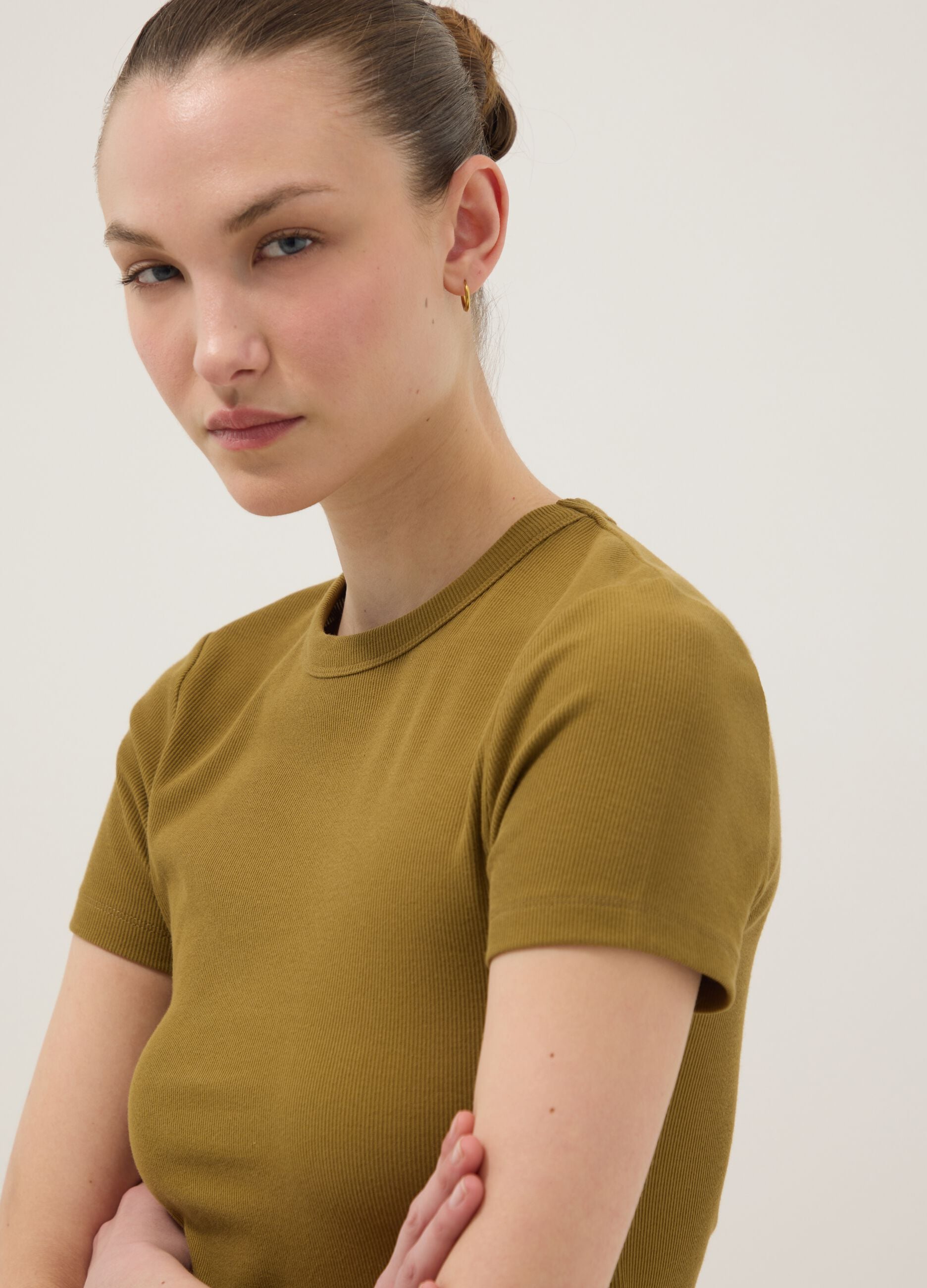 Green fitted short-sleeve stretch cotton T-shirt