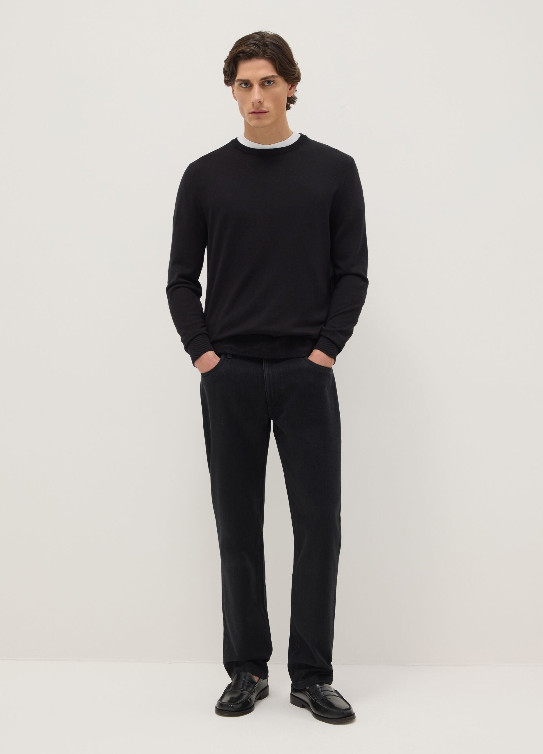 Black cotton blend trousers in regular fit