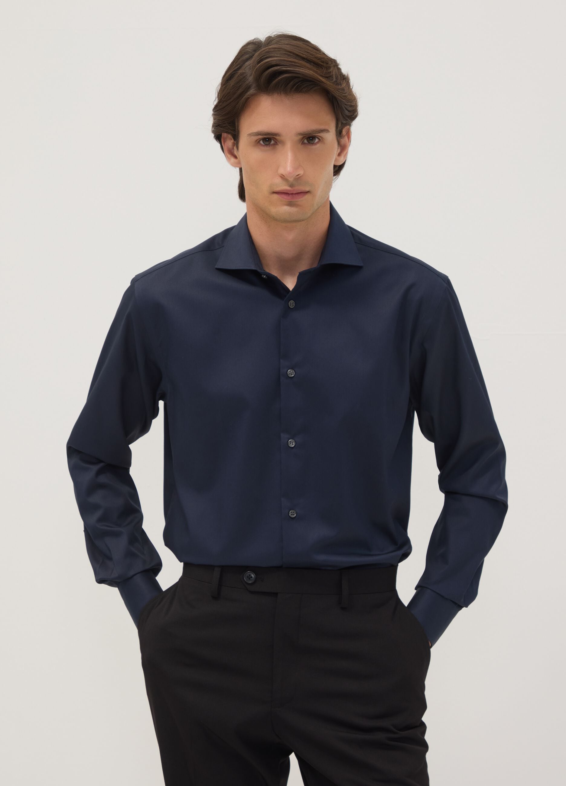 Blue pure cotton shirt with classic collar, regular fit, non-iron