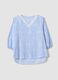 Blue cotton-blend top with embroidery and V-neck_4
