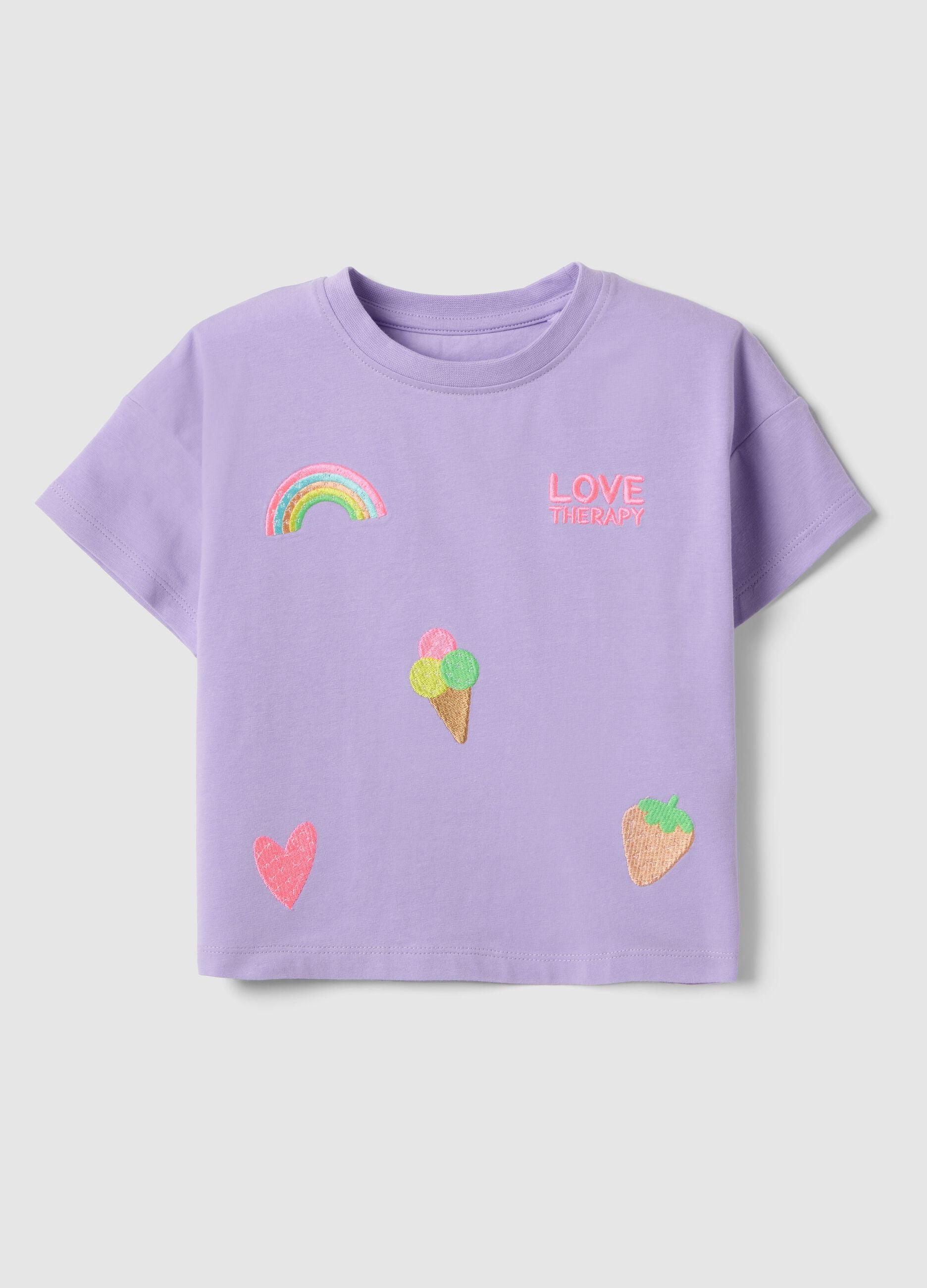 Girls' regular fit purple stretch cotton t-shirt with embroidery