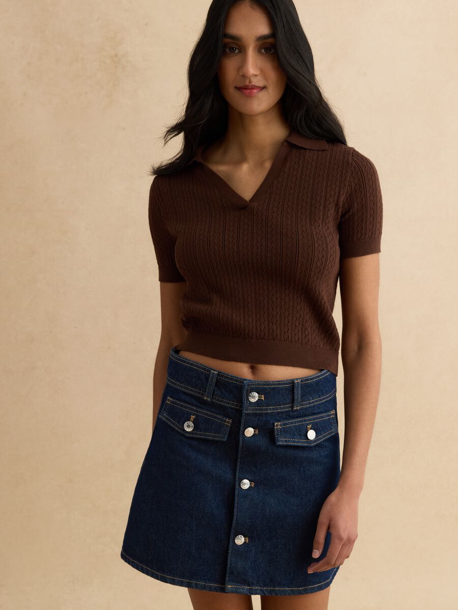 Brown cotton blend regular fit sweater with polo collar_1