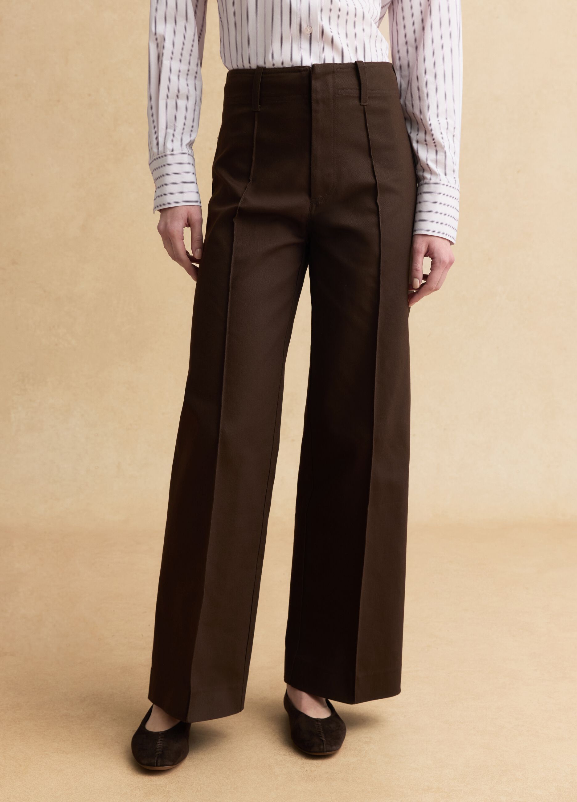 Brown regular fit straight cotton blend trousers