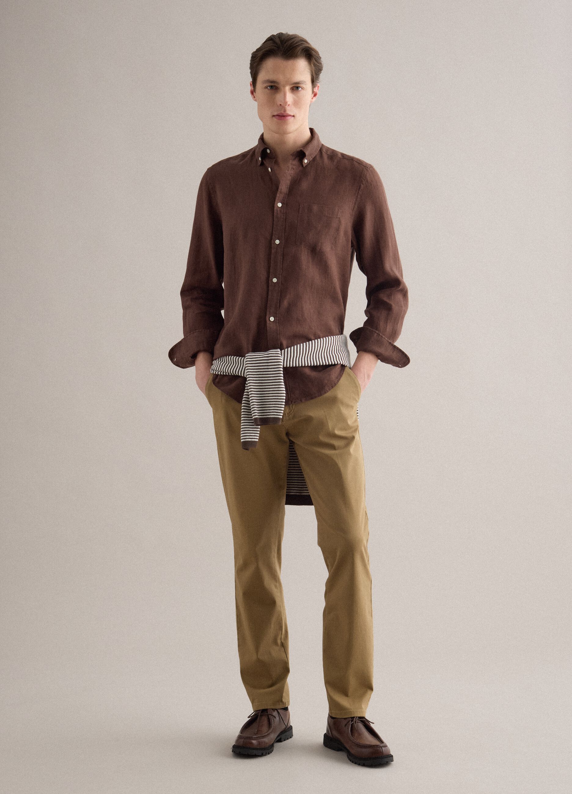 Brown pure linen long-sleeve shirt regular fit