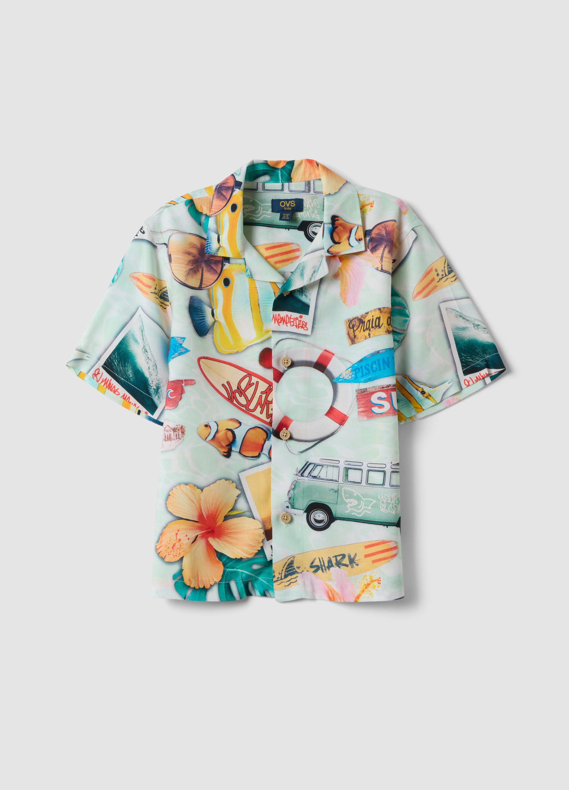 Multicolour pure viscose short-sleeved shirt