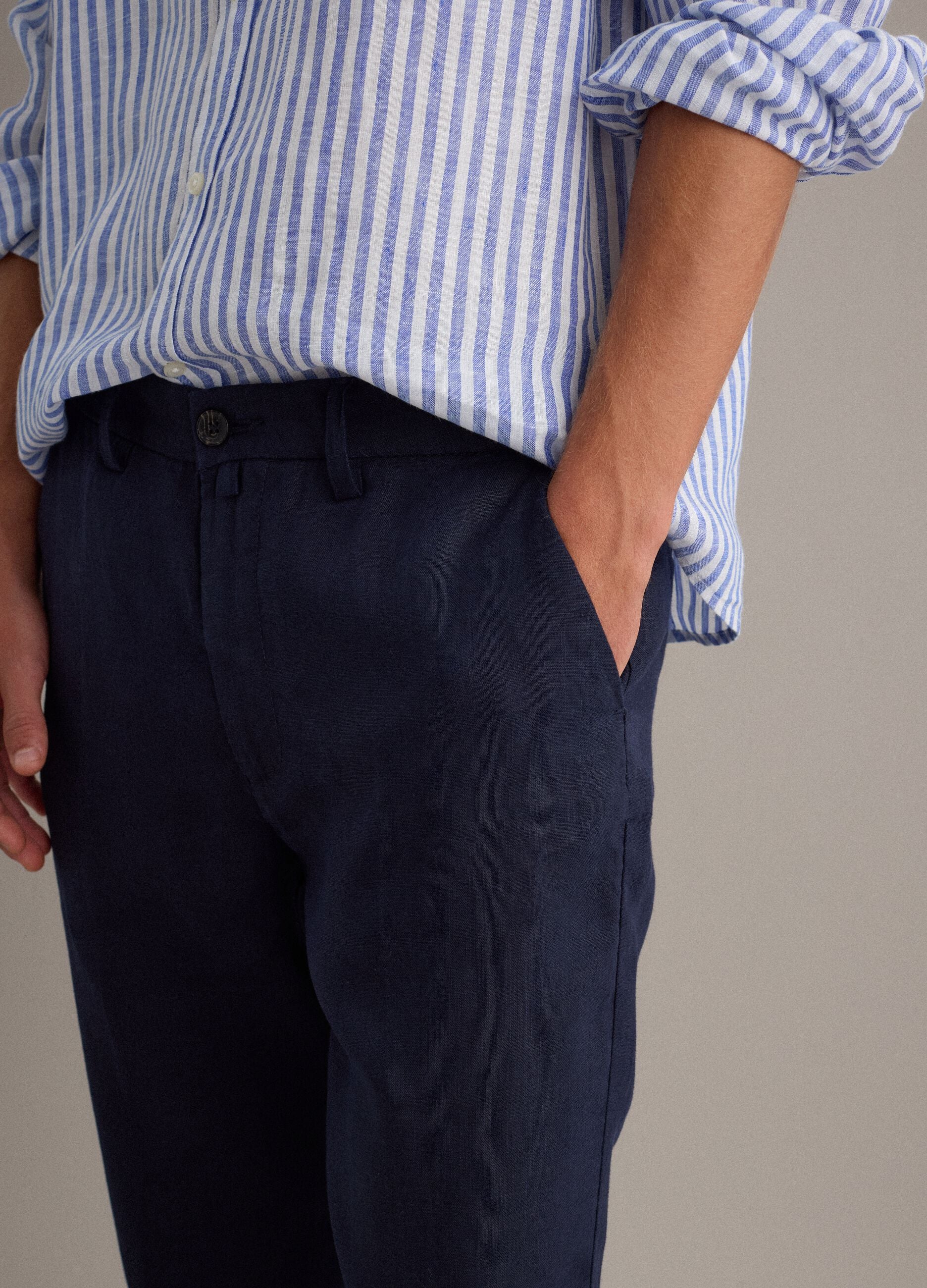 Blue pure linen chino trousers, regular fit