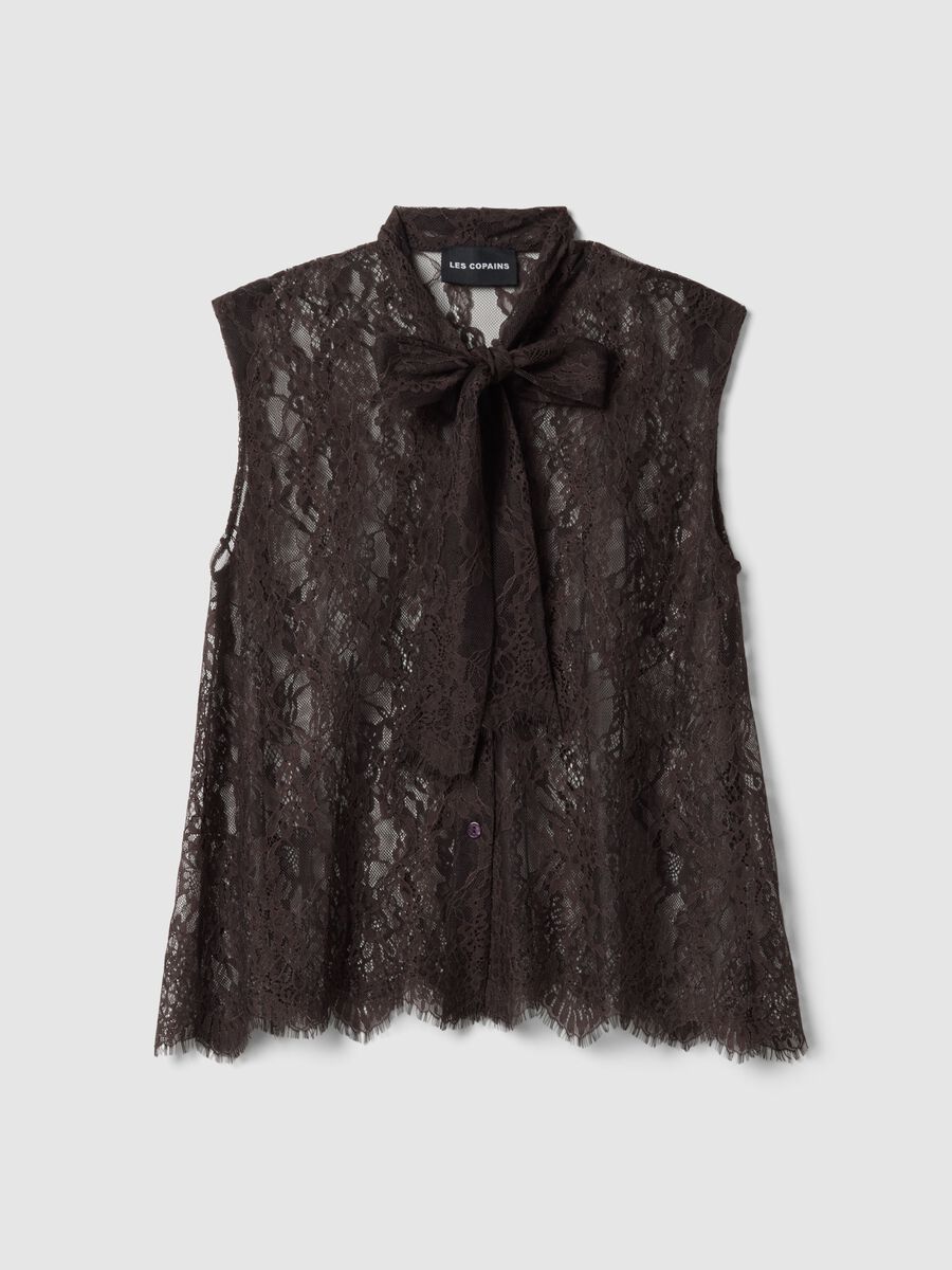 Canotta in pizzo marrone regular fit con fiocco_4
