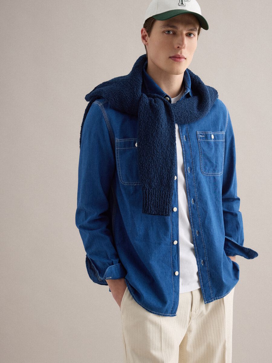 Blue denim pure cotton shirt regular fit with pockets_0