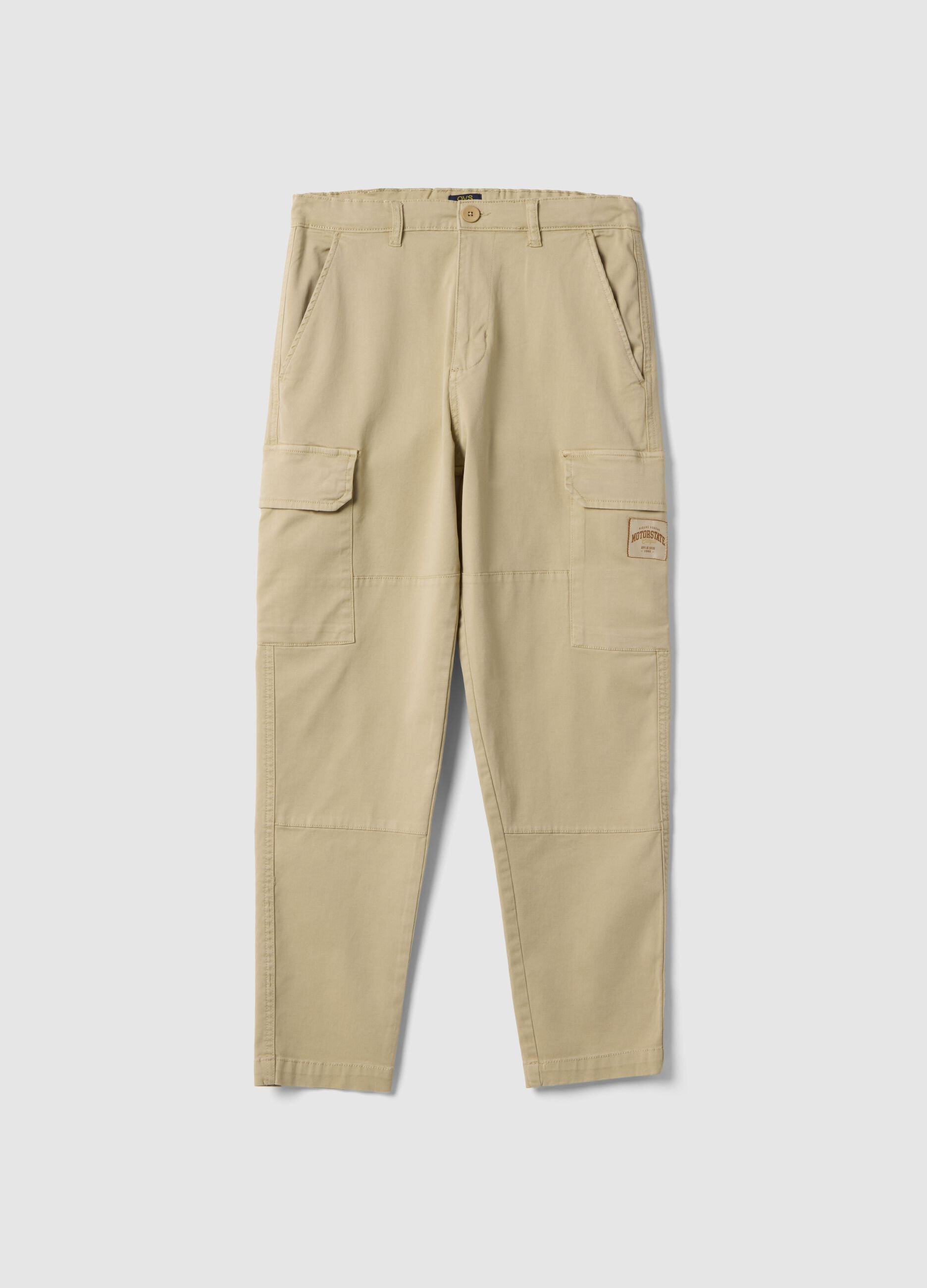 Boy's beige stretch cotton cargo trousers, regular fit