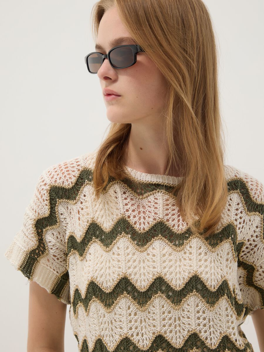 Beige open-knit striped top with green detailing in stretch cotton, regular fit_0