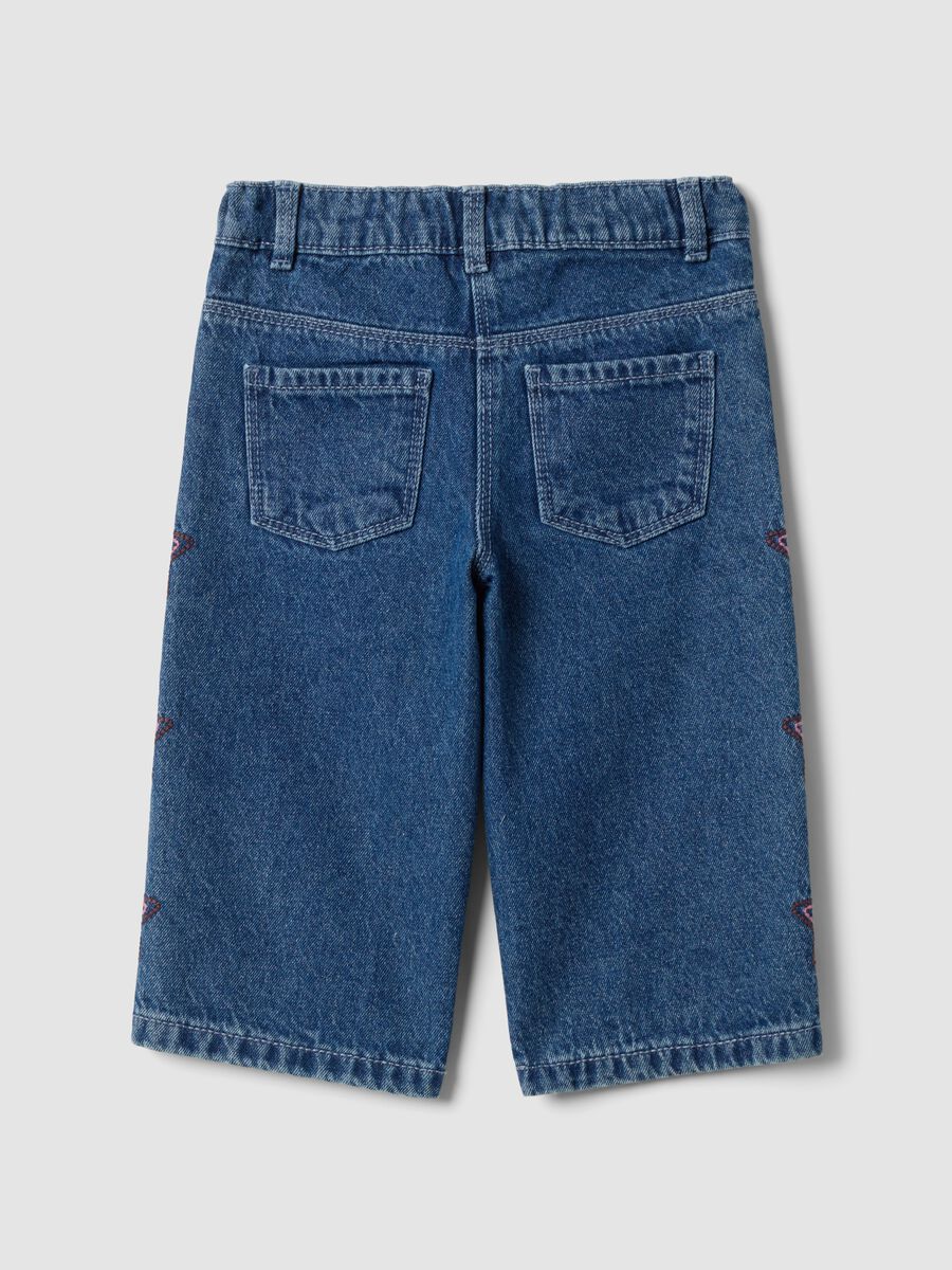 Blue wide-leg pure cotton jeans with embroidered stars for baby girl_1