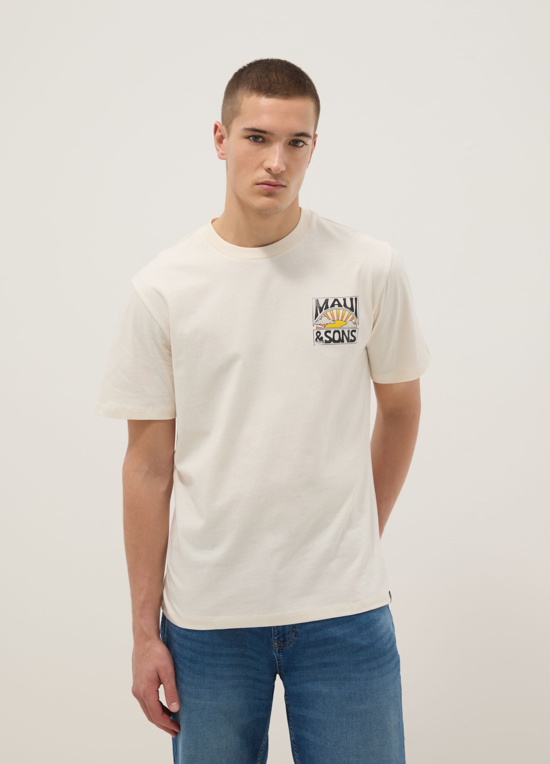 White pure cotton short-sleeve T-shirt, relaxed fit, with print
