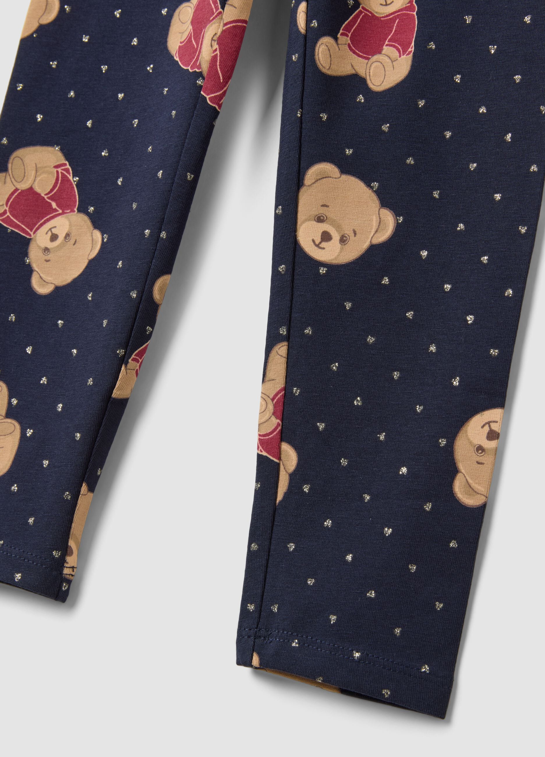 Blue stretch organic cotton leggings with teddy bear print for girls