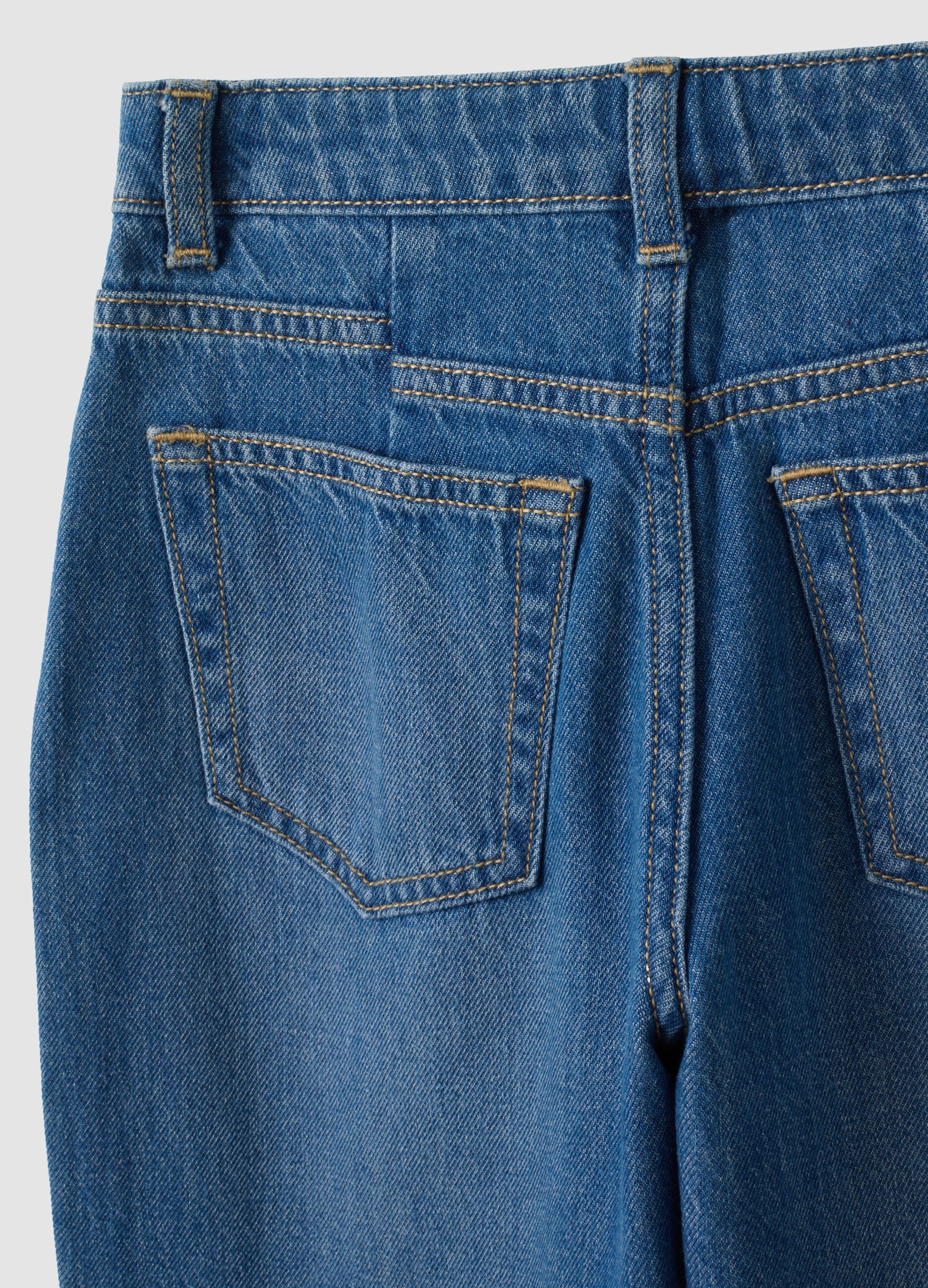 Girls&rsquo; blue baggy pure cotton jeans with embroidered turn-up hem